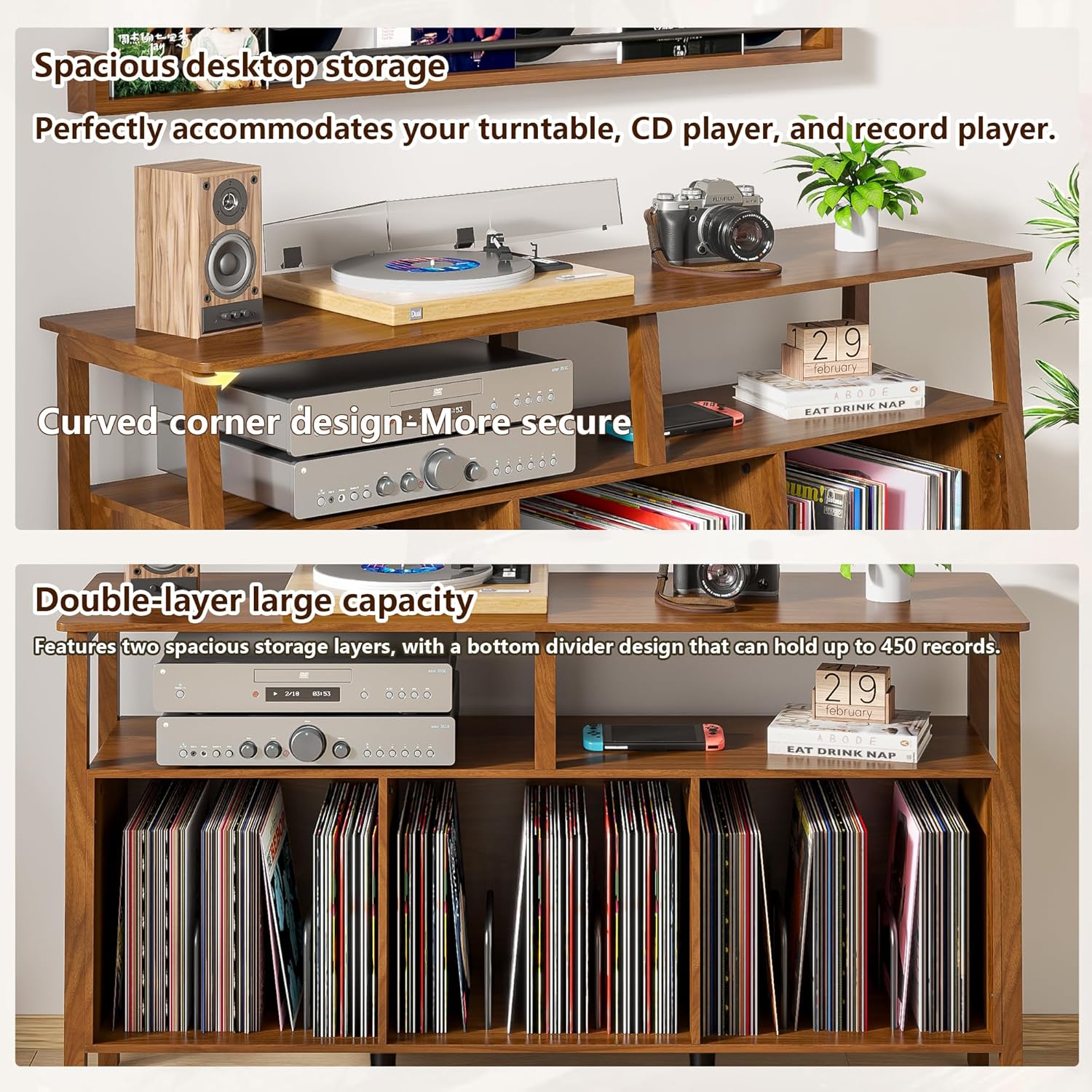 Large Record Player Stand, Mid Century Turntable Stand Table with Open Storage Holds up to 450 Albums