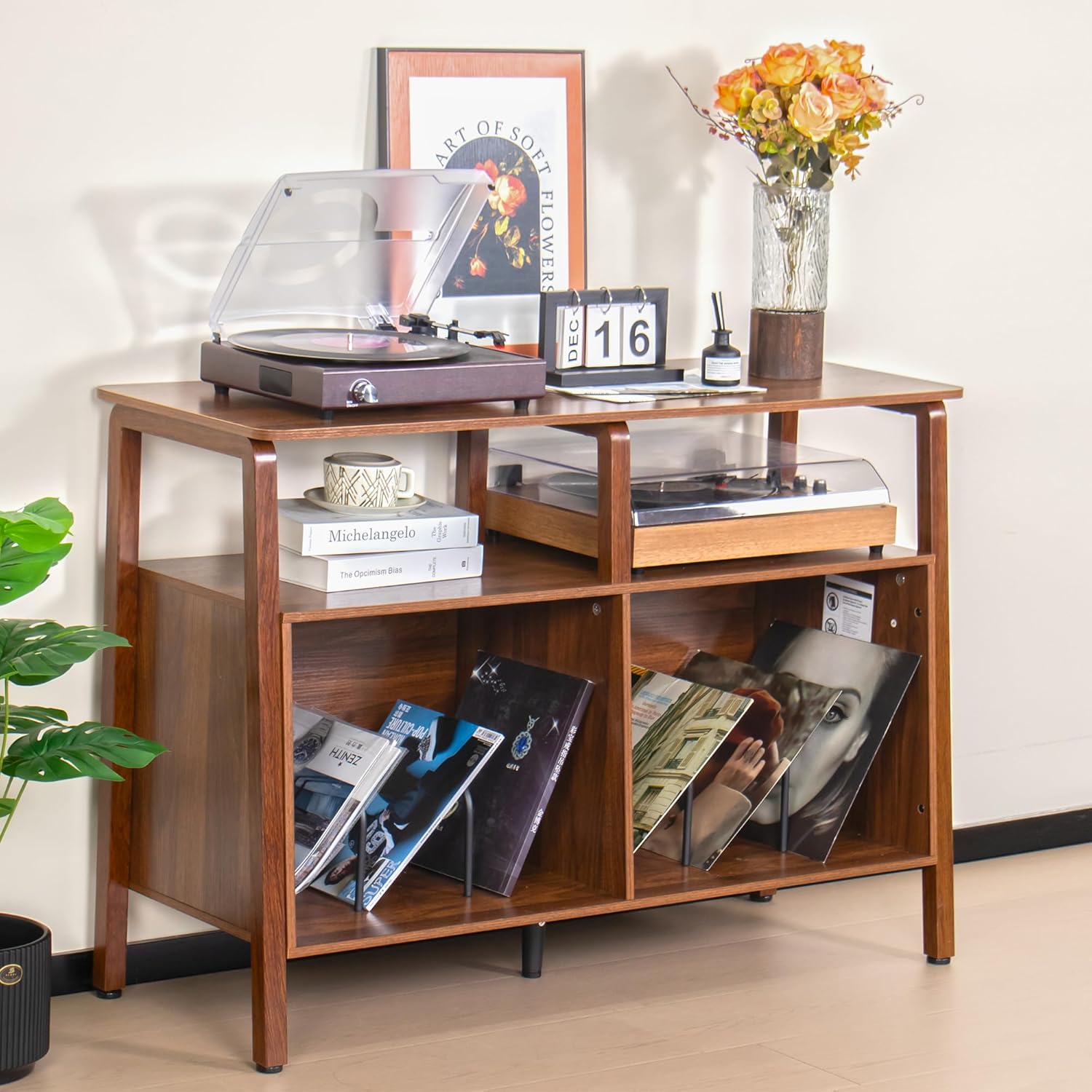 Large Record Player Stand, Mid Century Turntable Stand Table with Open Storage Holds up to 300 Albums