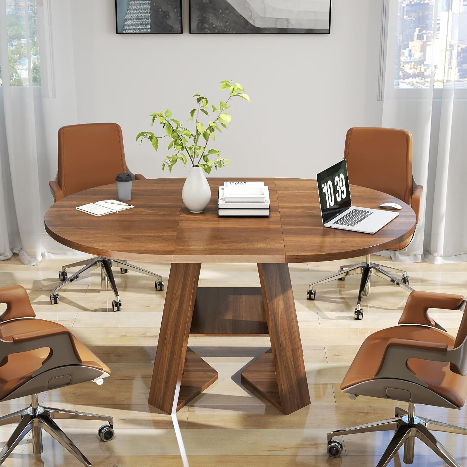 Round Conference Table for 4-6 People,43.3in-59in Extendable Wooden Oval Meeting Room Table with Removable Leaves
