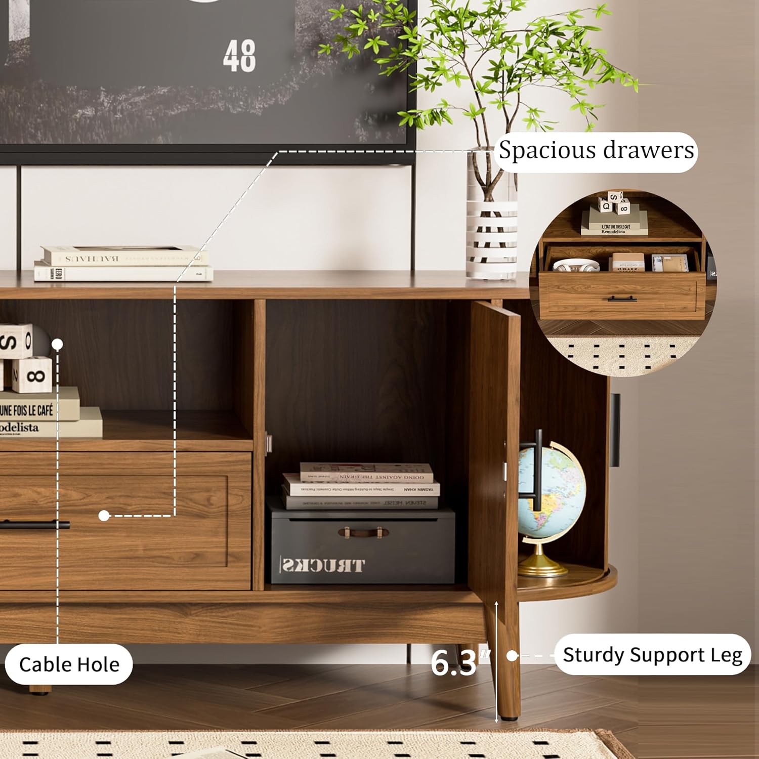 63" Fluted TV Stand for TVs up to 70", Mid-Century Modern Entertainment Center with Drawers and Fluted Doors