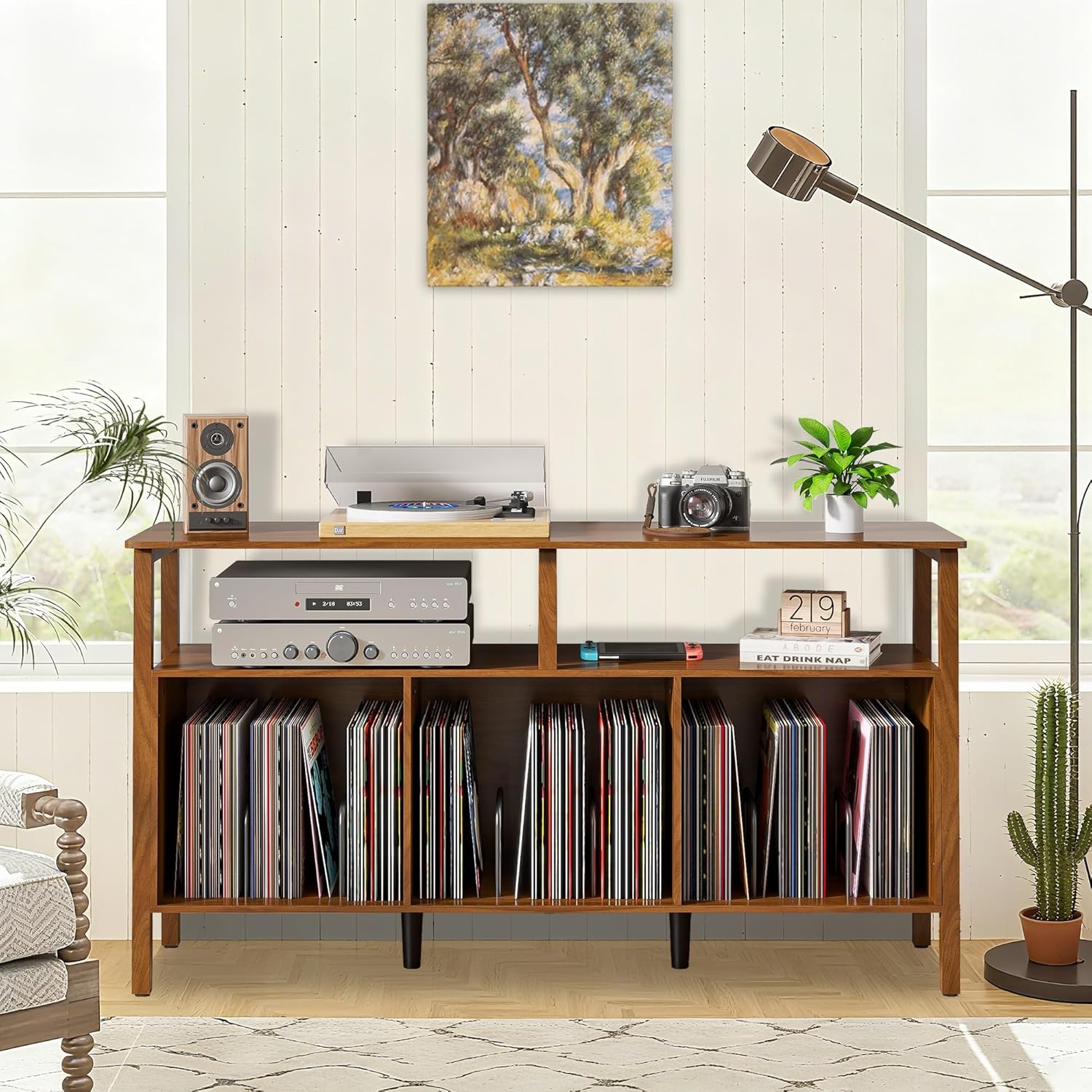 Large Record Player Stand, Mid Century Turntable Stand Table with Open Storage Holds up to 450 Albums