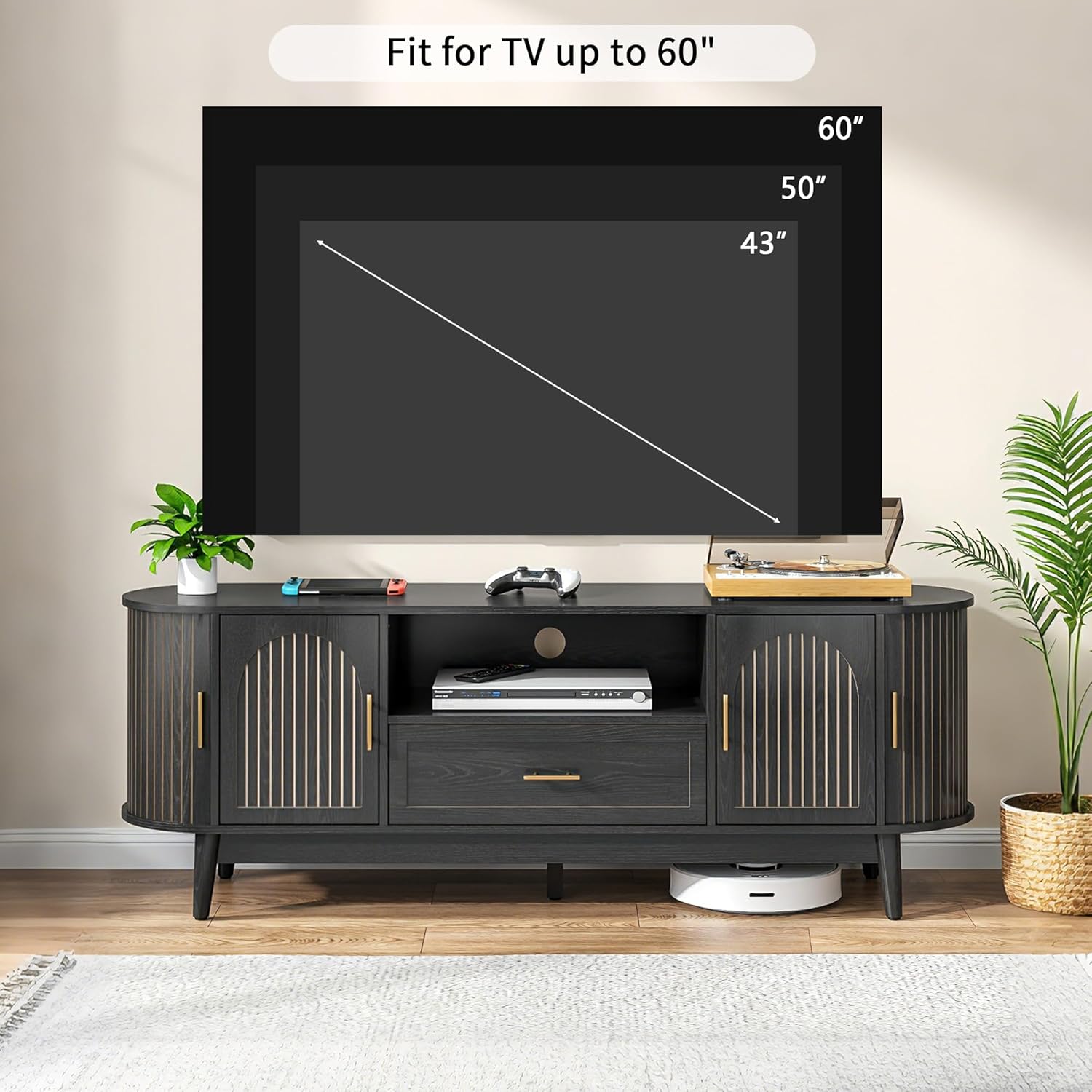 63" Fluted TV Stand for Tvs up to 70", Mid-Century Modern Entertainment Center with Drawers and Fluted Doors