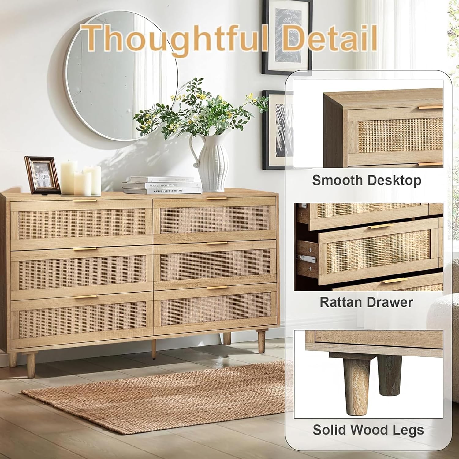 6 Drawer Dresser for Bedroom, Modern Rattan 6 Drawer Double Dresser with Gold Handles