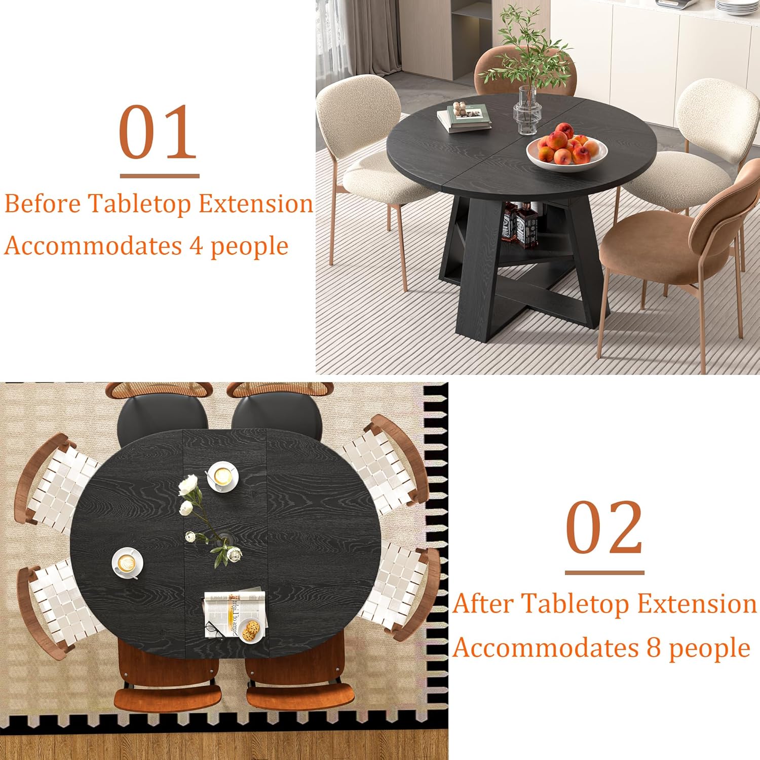 43.3in-59in Extendable Round Dining Table for 4-8,Modern Kitchen Oval Dining Table with Removable Leaves Space Saving