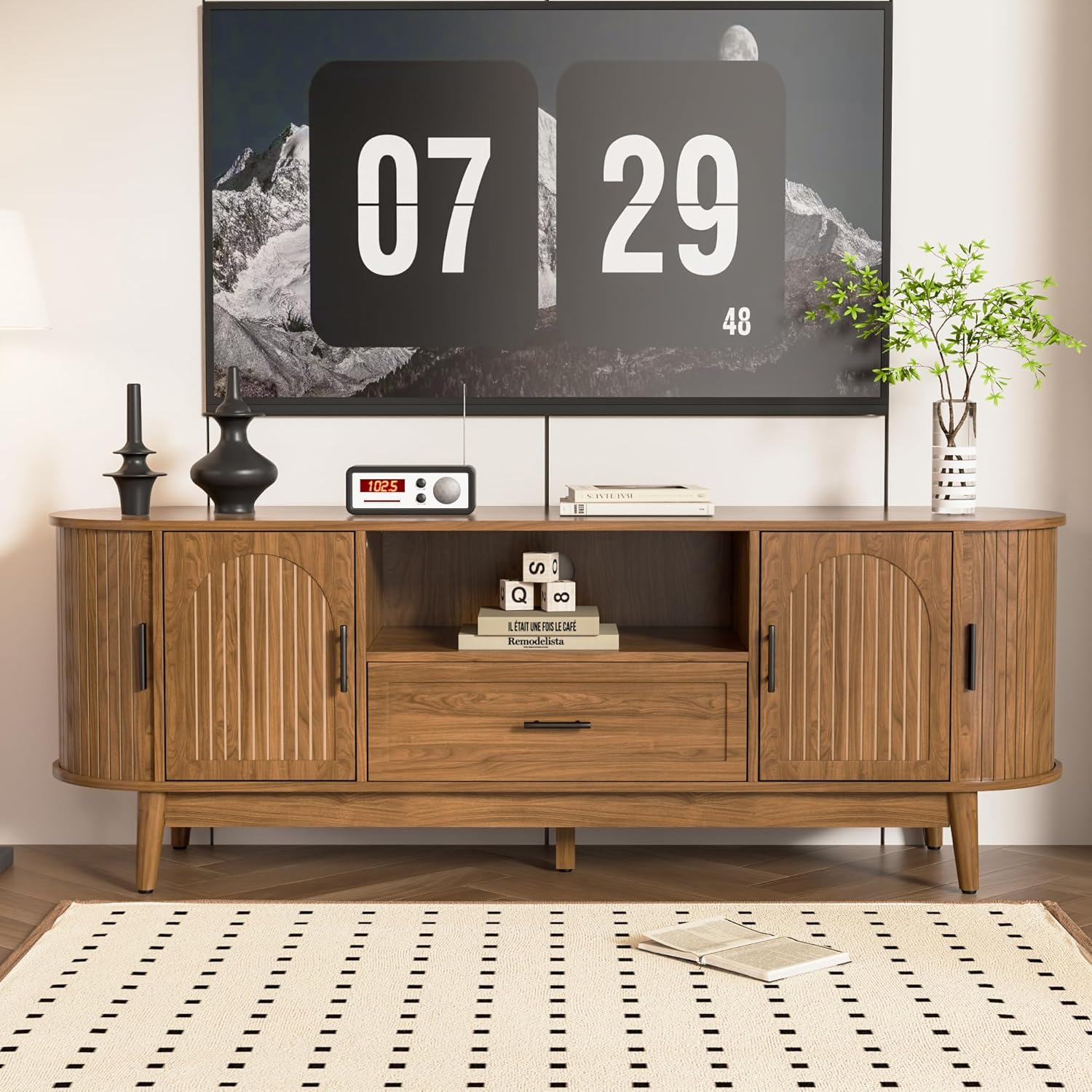 63" Fluted TV Stand for TVs up to 70", Mid-Century Modern Entertainment Center with Drawers and Fluted Doors