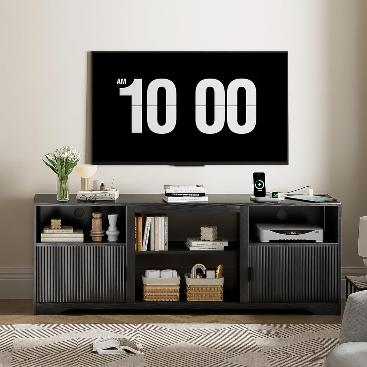 Fluted TV Stand for Tvs up to 80",Mid Century Modern TV Stand with Open Adjustable Shelf