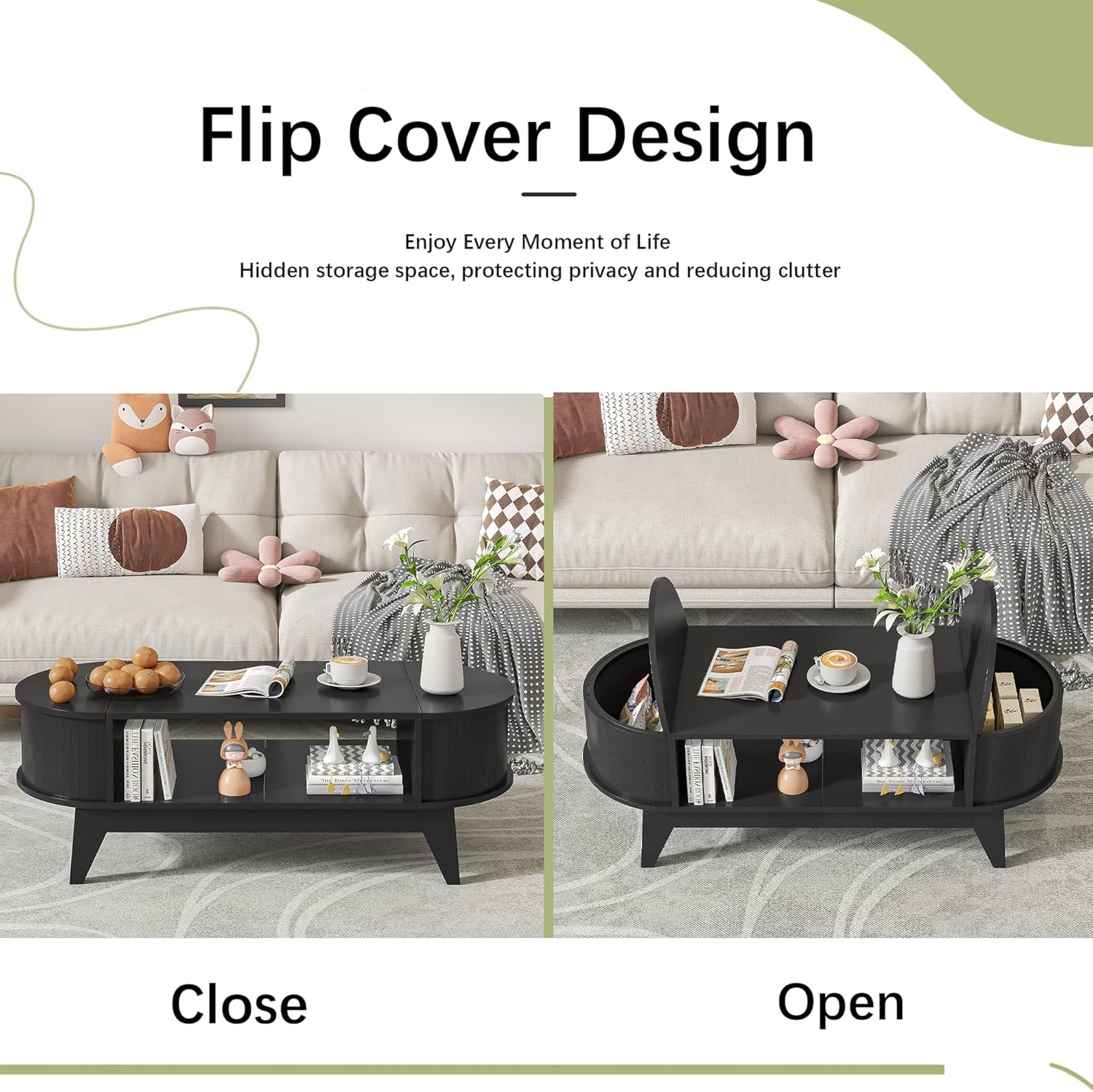 Coffee Table with 2 Hidden Storage, Mid Century Modern Coffee Table with Fluted Finish