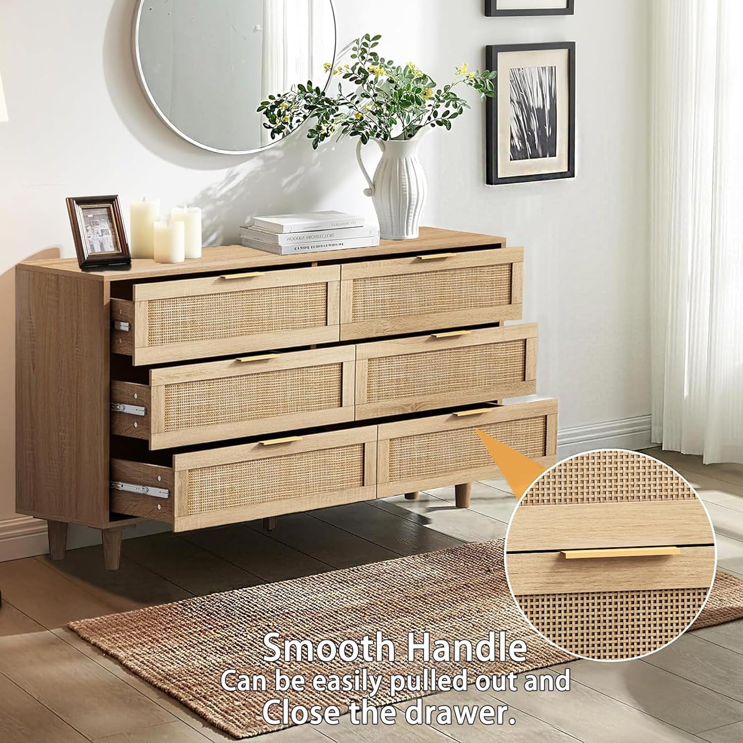 6 Drawer Dresser for Bedroom, Modern Rattan 6 Drawer Double Dresser with Gold Handles