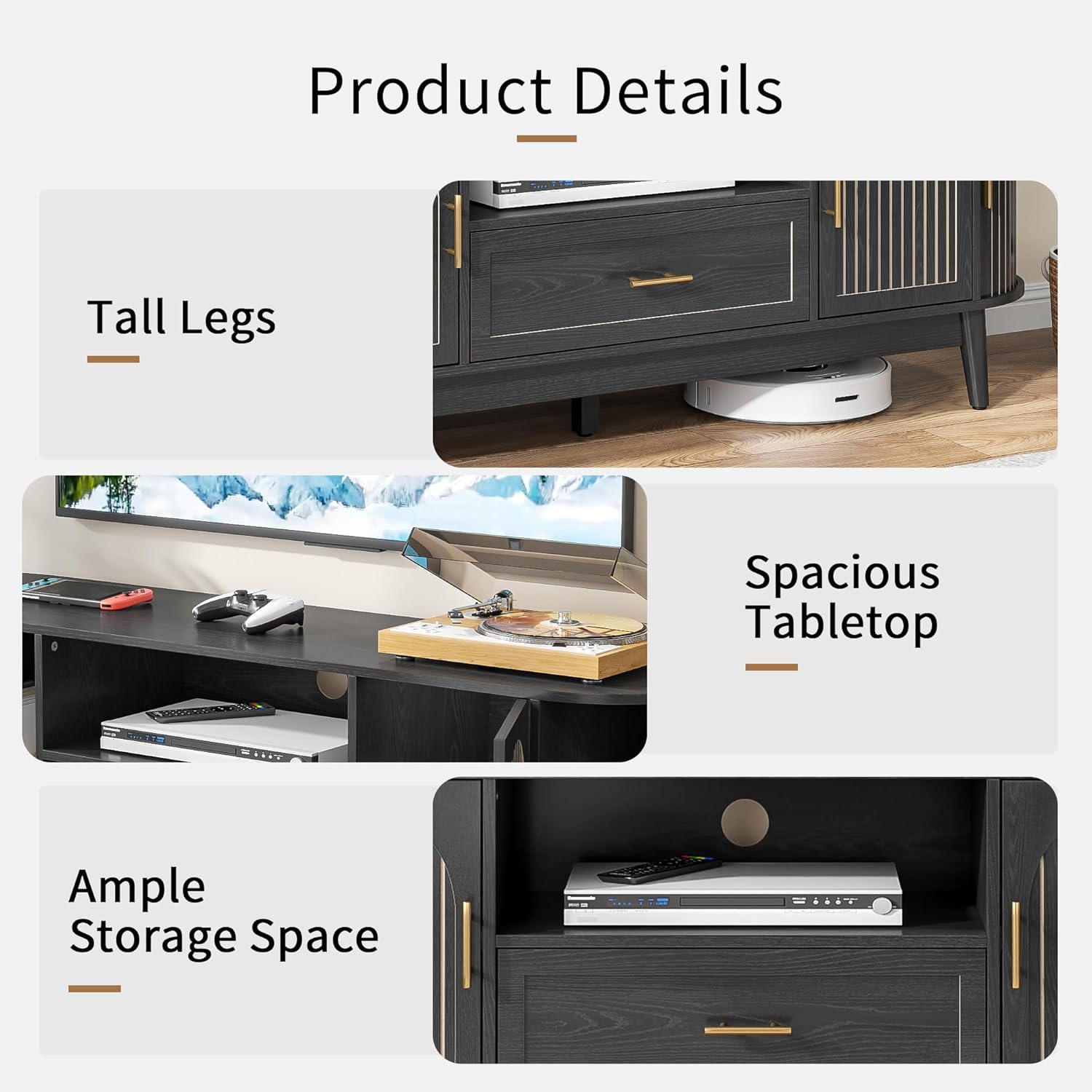 63" Fluted TV Stand for Tvs up to 70", Mid-Century Modern Entertainment Center with Drawers and Fluted Doors