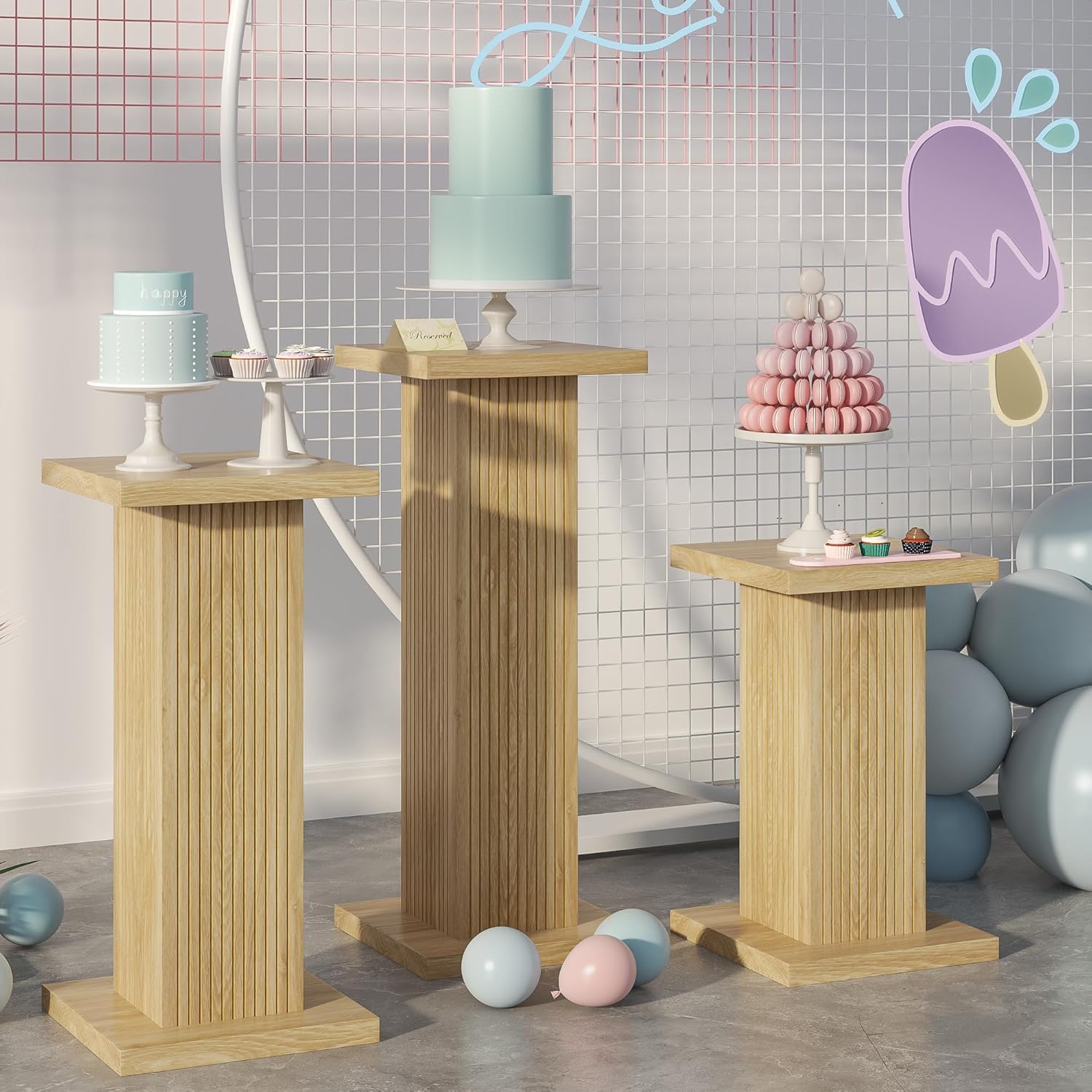 3PCS Square Pedestal Stand for Party, White Wood Display Pedestal Stands for Parties