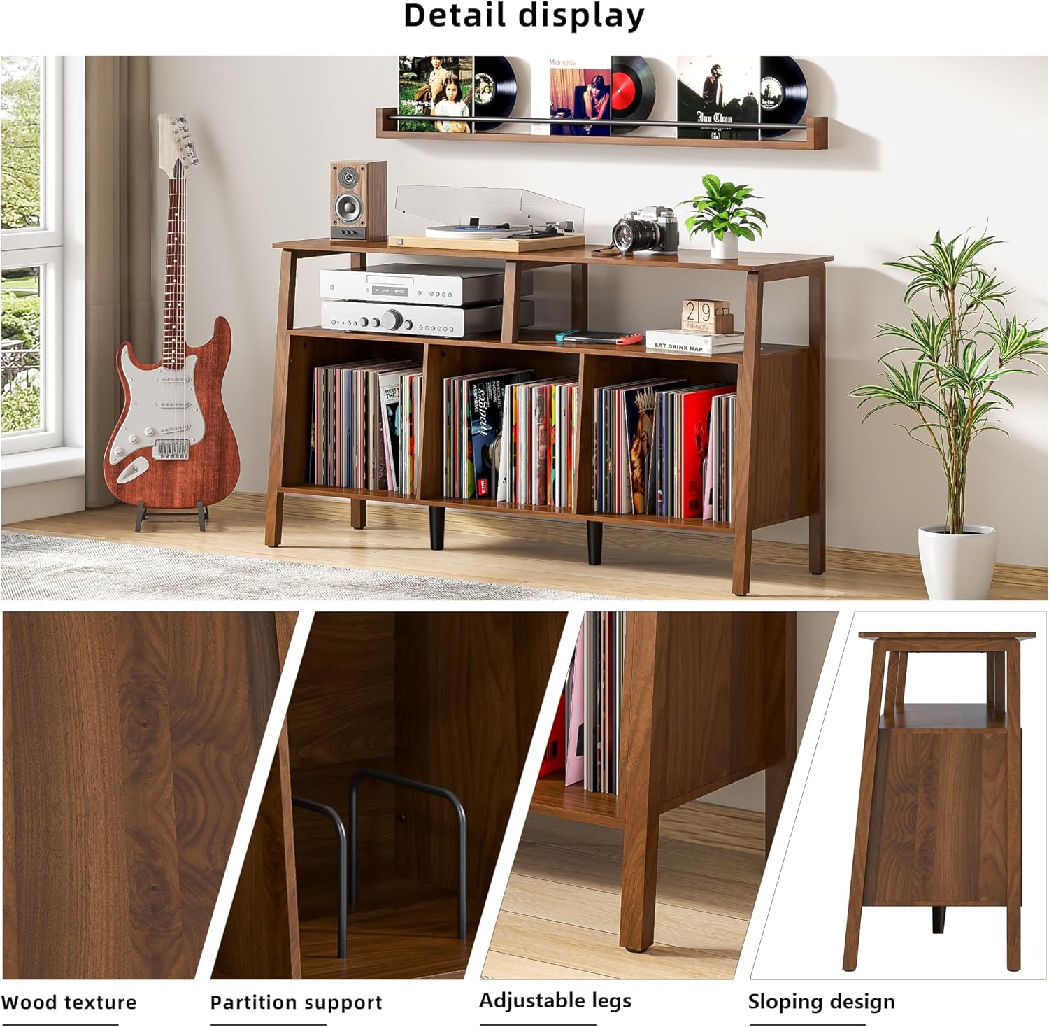 Large Record Player Stand, Mid Century Turntable Stand Table with Open Storage Holds up to 450 Albums