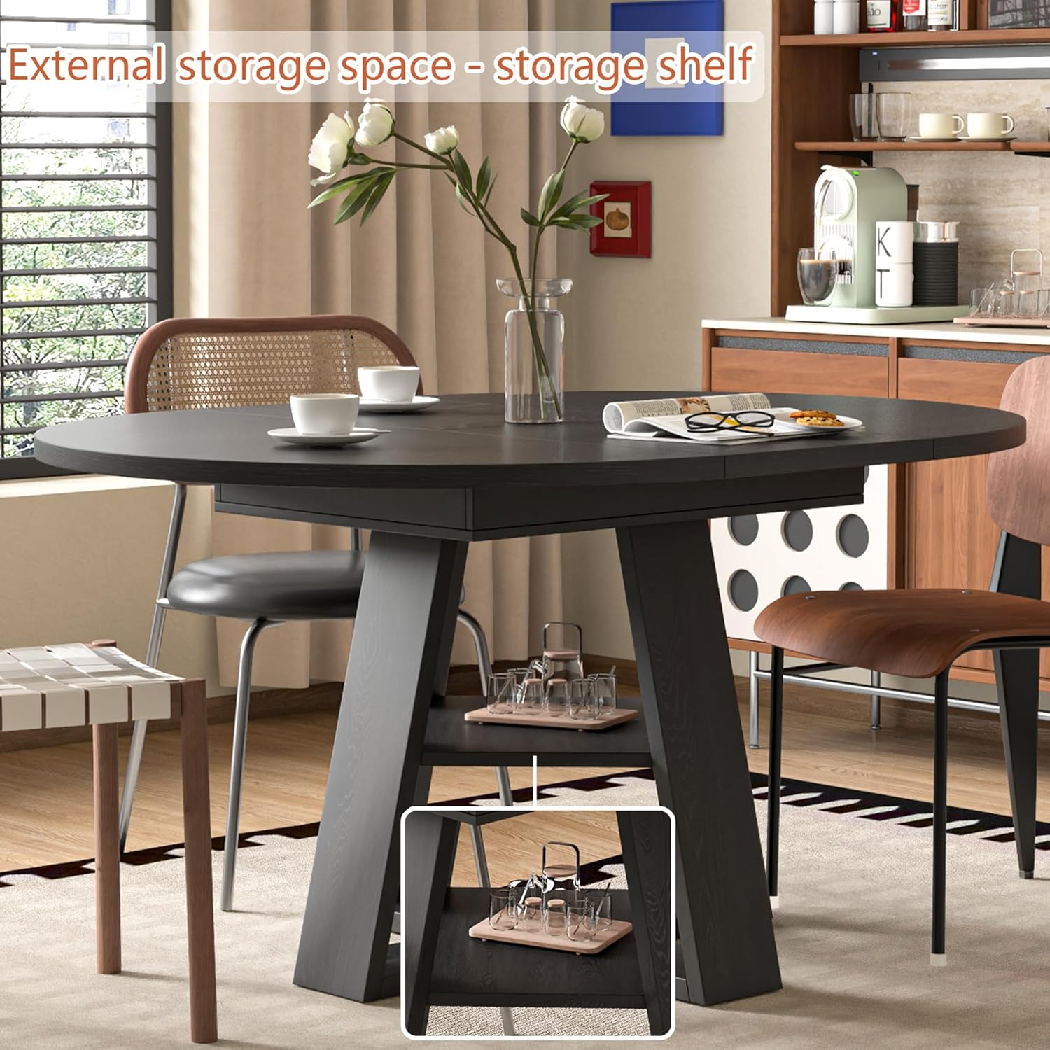 43.3in-59in Extendable Round Dining Table for 4-8,Modern Kitchen Oval Dining Table with Removable Leaves Space Saving
