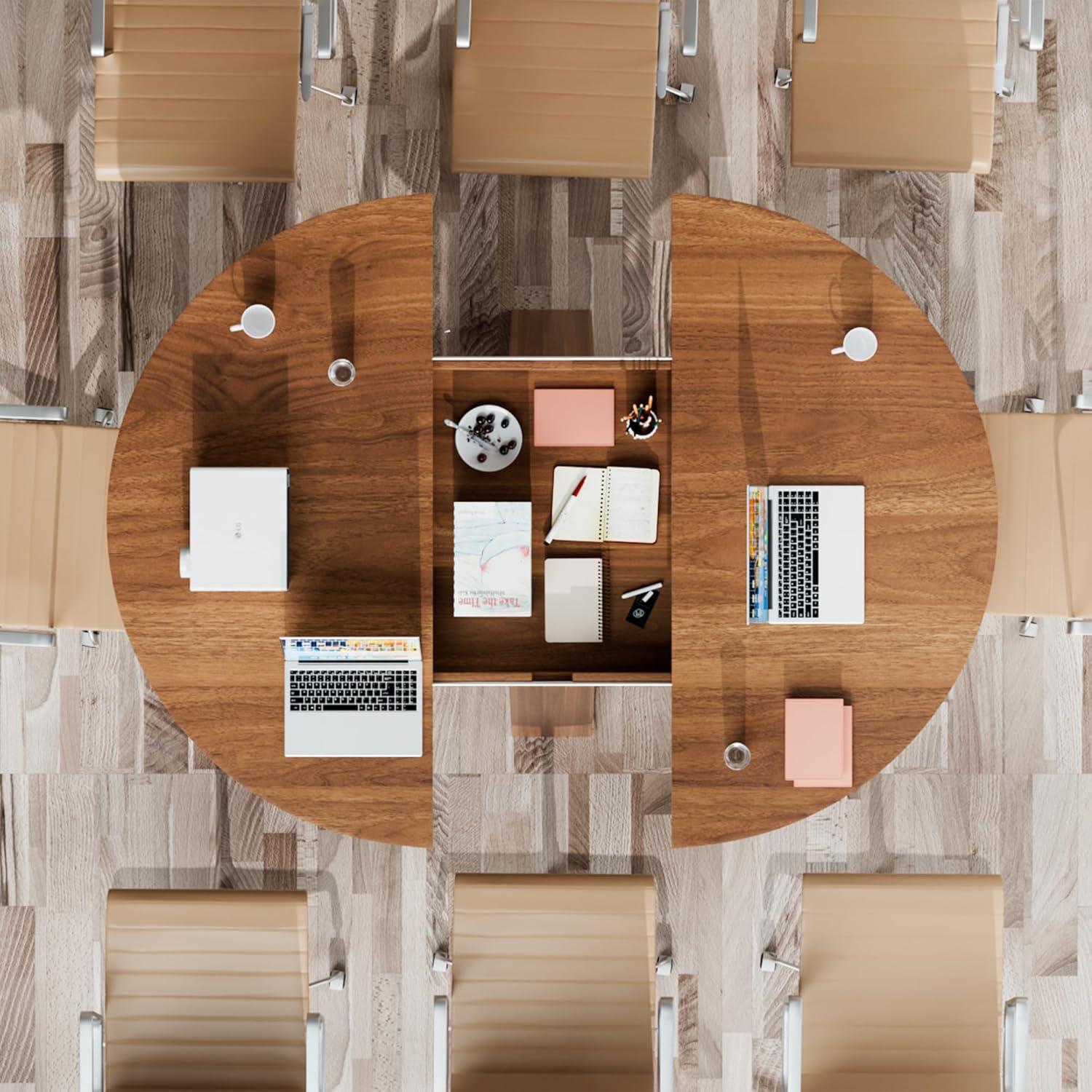 43.3in-59in Extendable Round Conference Table for 4-6 People, Wooden Oval Meeting Room Table with Removable Leaves