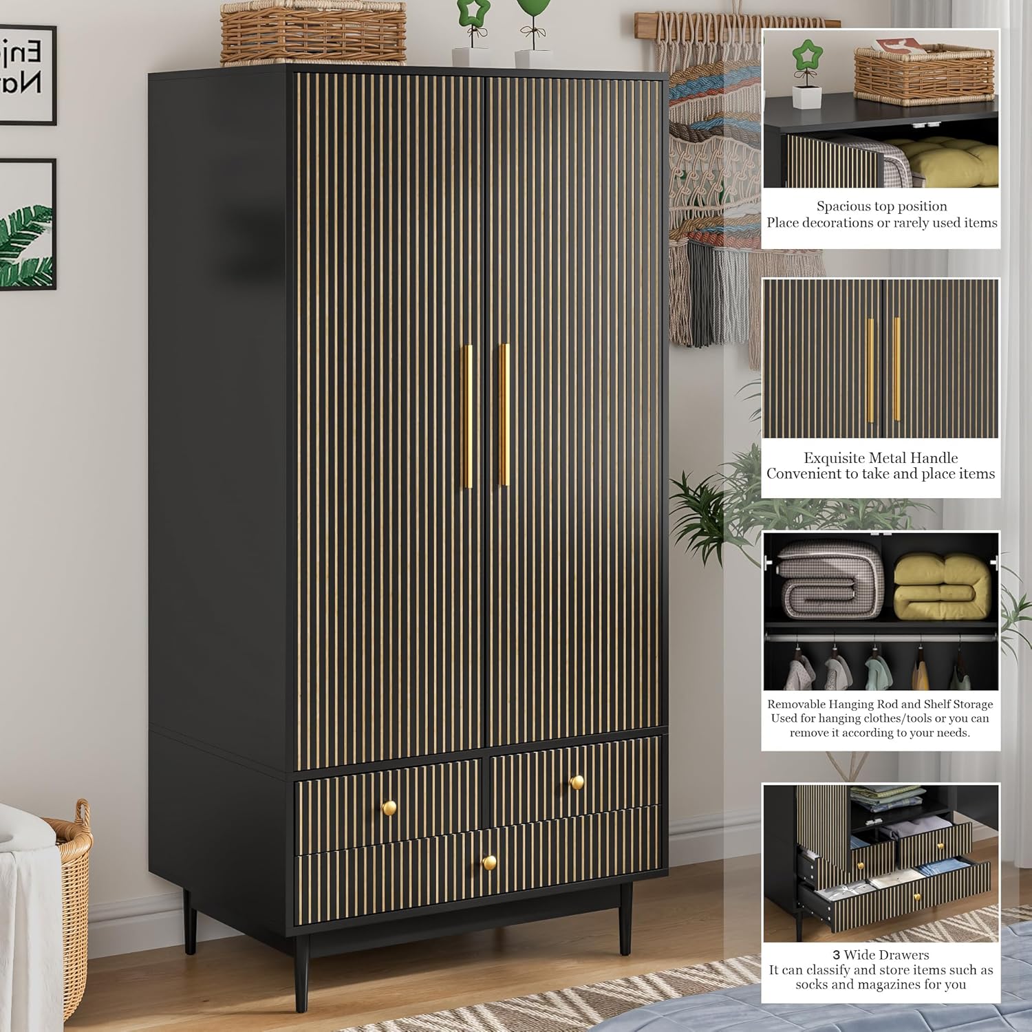 Armoire Wardrobe Closet with 2 Fluted Doors, 64.96" Wooden Clothes Storage Cabinet with Hanging Rod and Shelf Storage