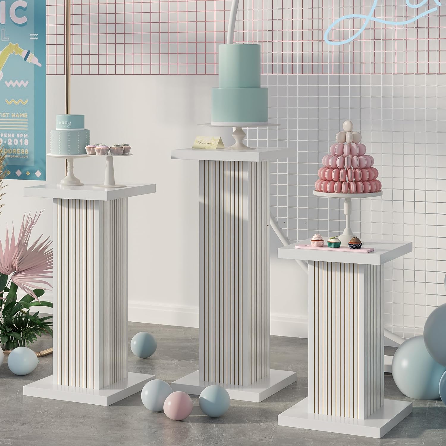 3PCS Square Pedestal Stand for Party, White Wood Display Pedestal Stands for Parties