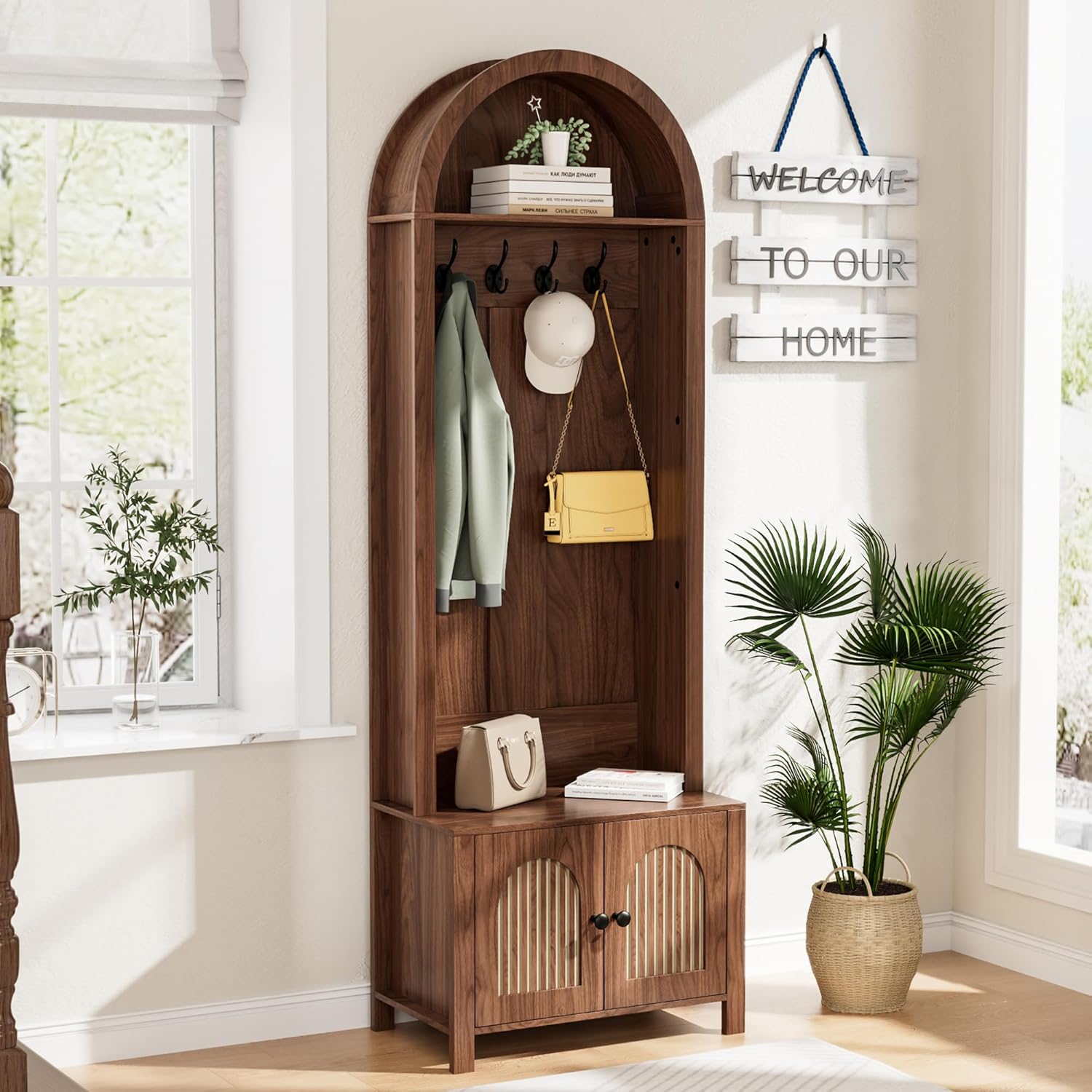 Hall Tree with Bench and Shoe Storage, Entryway Storage Bench with Coat Rack