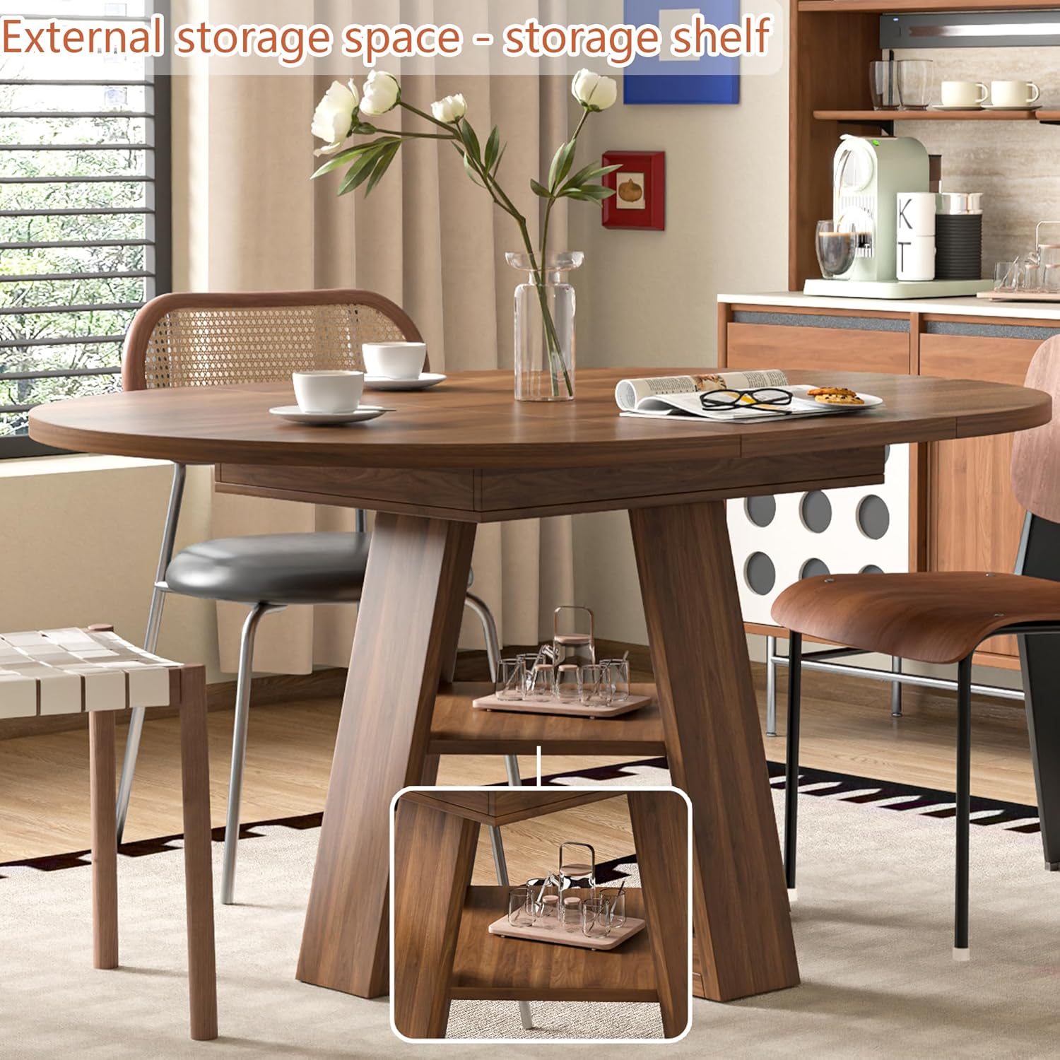 43.3in-59in Extendable Round Conference Table for 4-6 People, Wooden Oval Meeting Room Table with Removable Leaves
