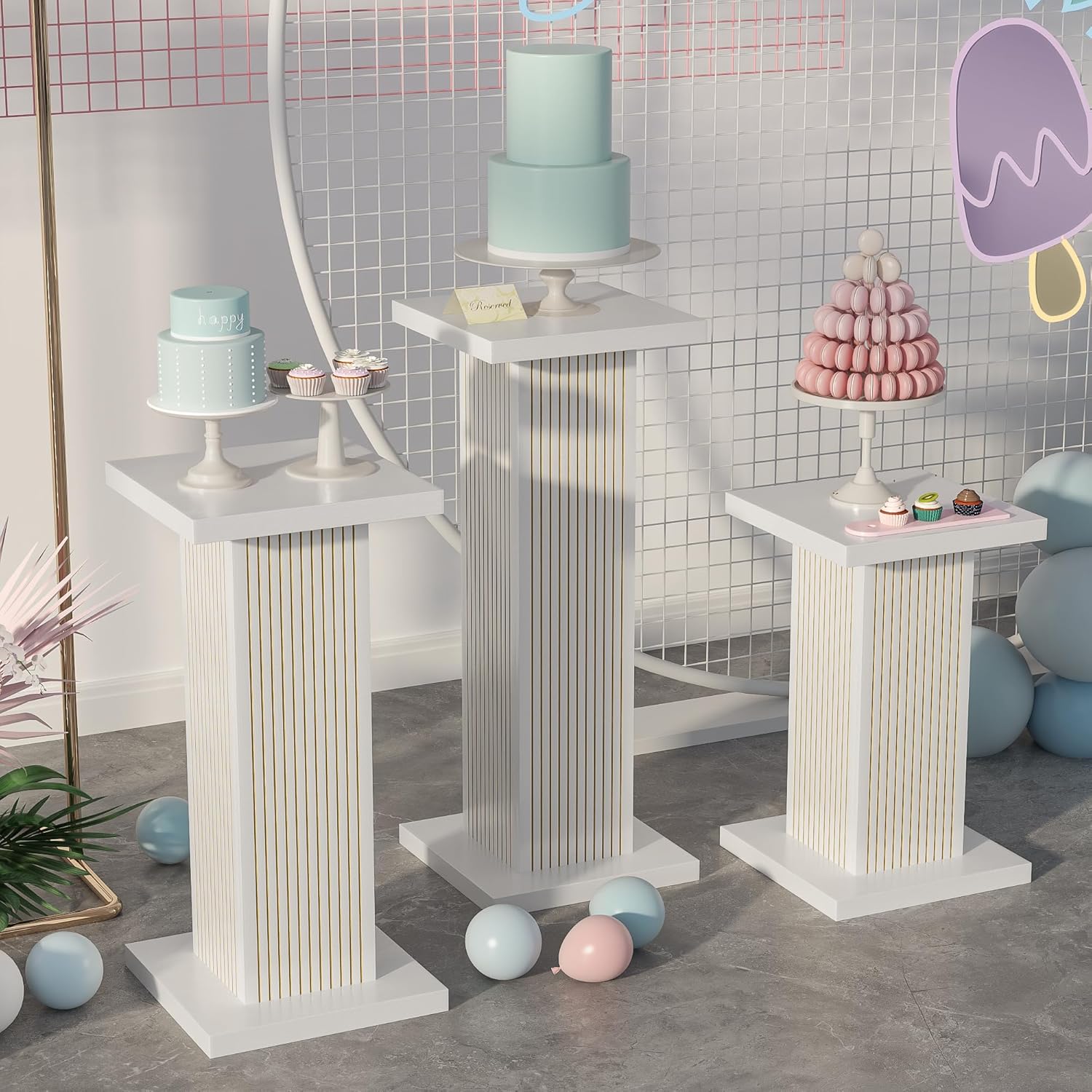 3PCS Square Pedestal Stand for Party, White Wood Display Pedestal Stands for Parties