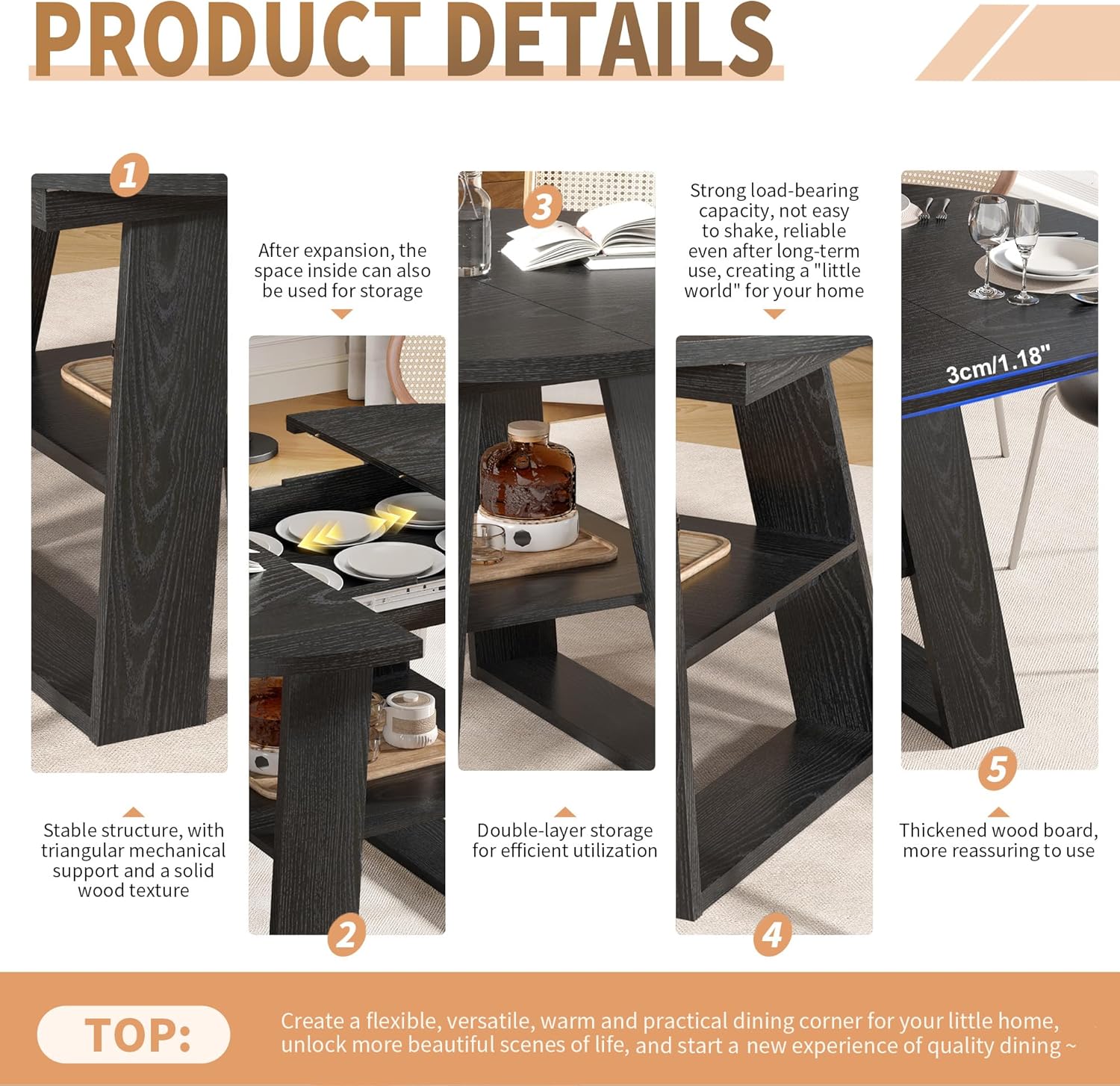 43.3in-59in Extendable Round Dining Table for 2-8,Modern Kitchen Oval Dining Table with Removable Leaves Space Saving