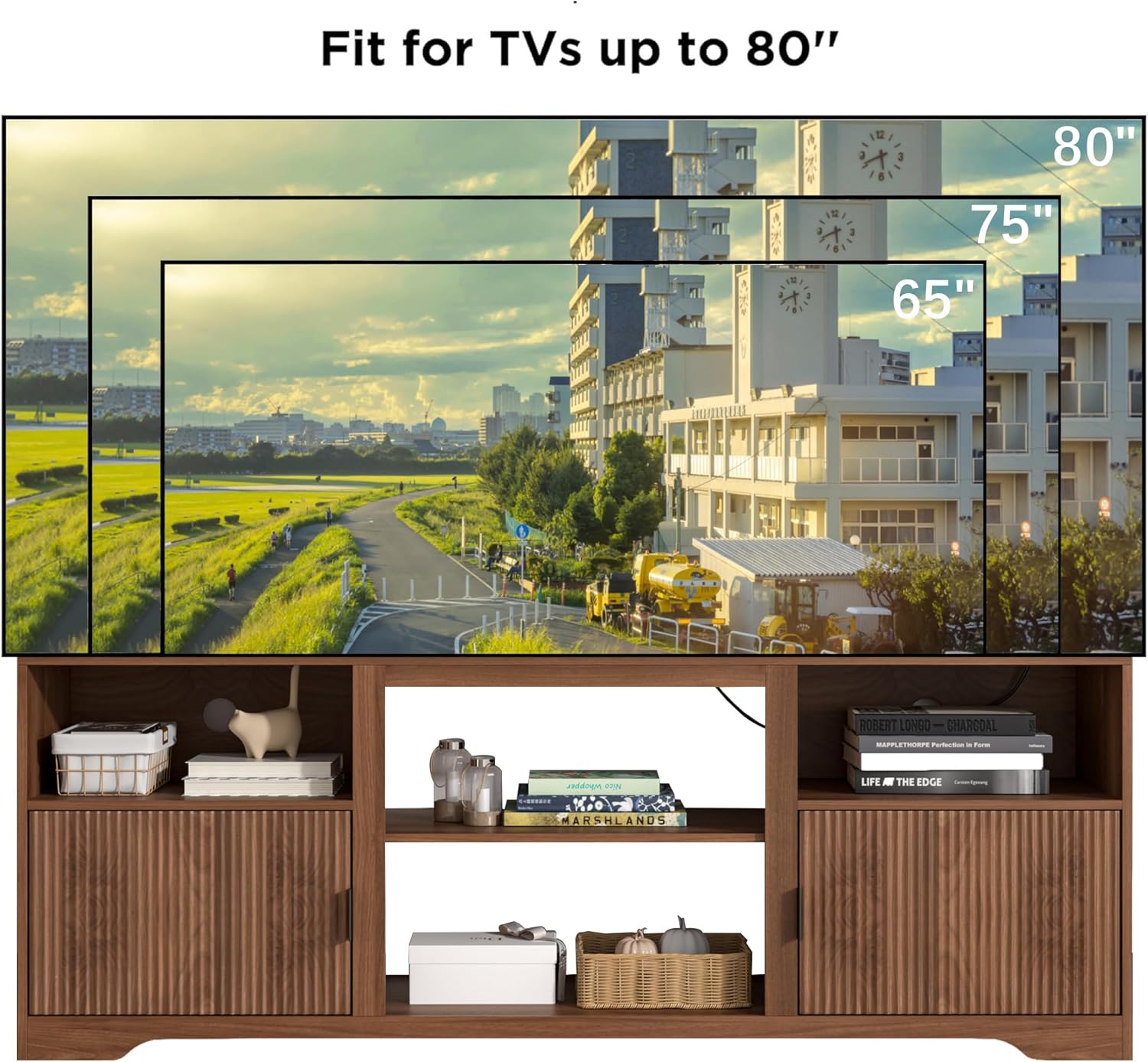 Fluted TV Stand for Tvs up to 80",Mid Century Modern TV Stand with Open Adjustable Shelf
