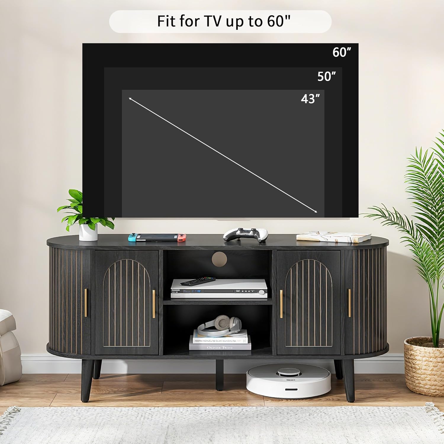 51" Fluted TV Stand, Mid-Century Modern Entertainment Center for Tvs up to 60" with Drawers and Fluted Doors