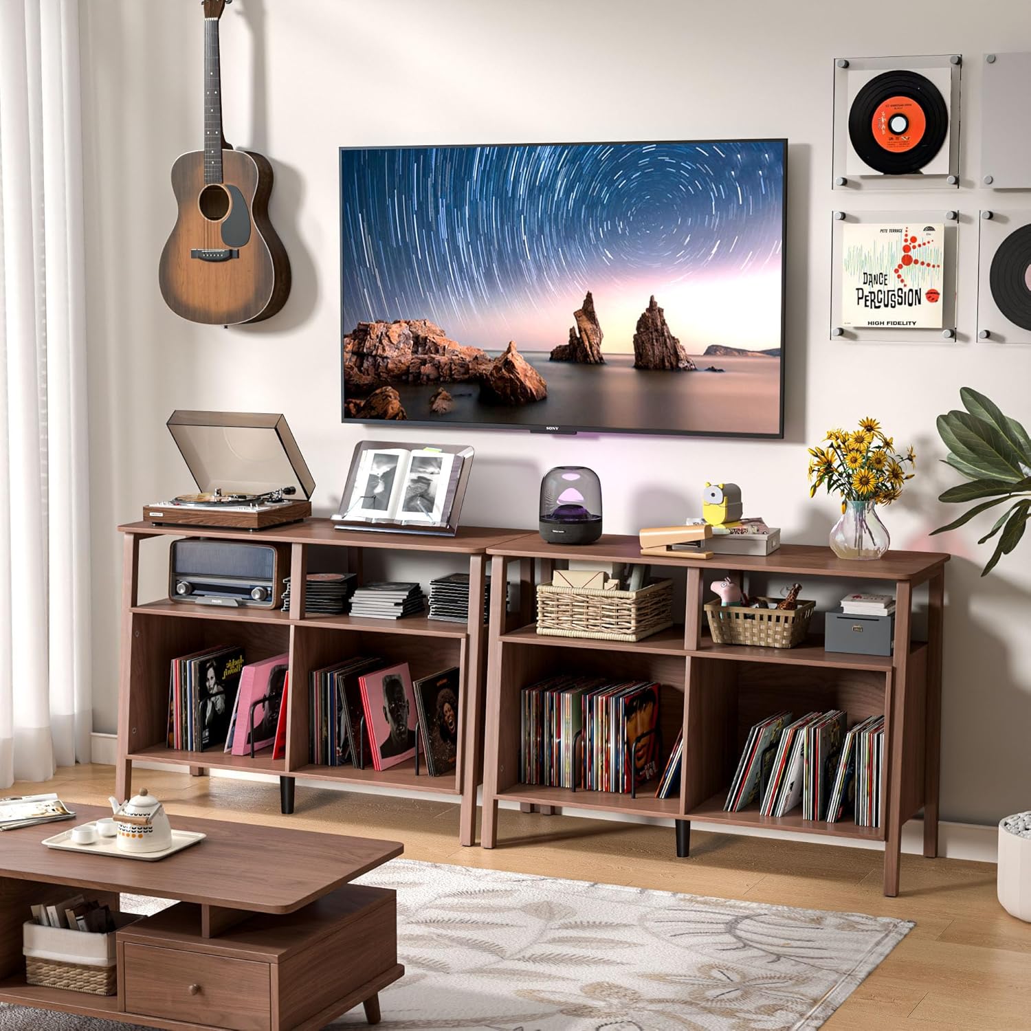 Large Record Player Stand, Mid Century Turntable Stand Table with Open Storage Holds up to 300 Albums