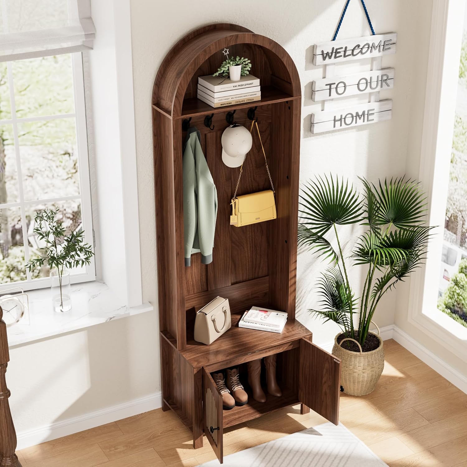 Hall Tree with Bench and Shoe Storage, Entryway Storage Bench with Coat Rack