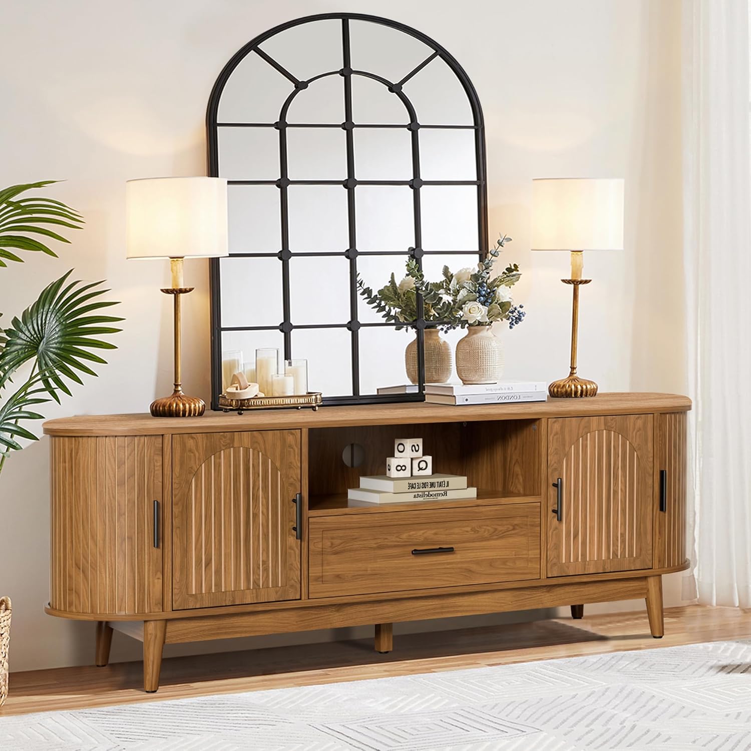 63" Fluted TV Stand for TVs up to 70", Mid-Century Modern Entertainment Center with Drawers and Fluted Doors