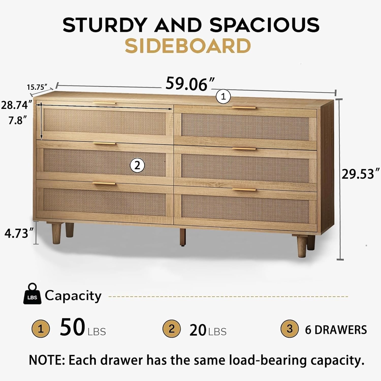 6 Drawer Dresser for Bedroom, Modern Rattan 6 Drawer Double Dresser with Gold Handles
