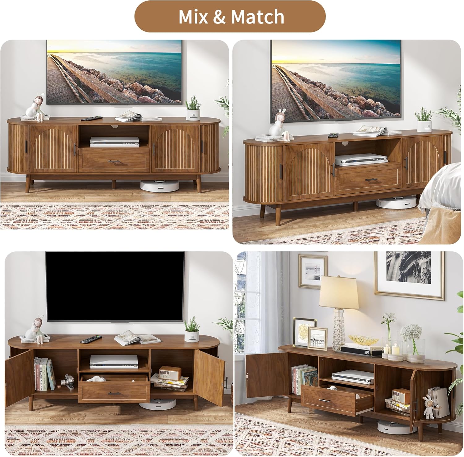 70" Fluted TV Stand for Tvs up to 80", Mid-Century Modern Entertainment Center with Drawers and Fluted Doors