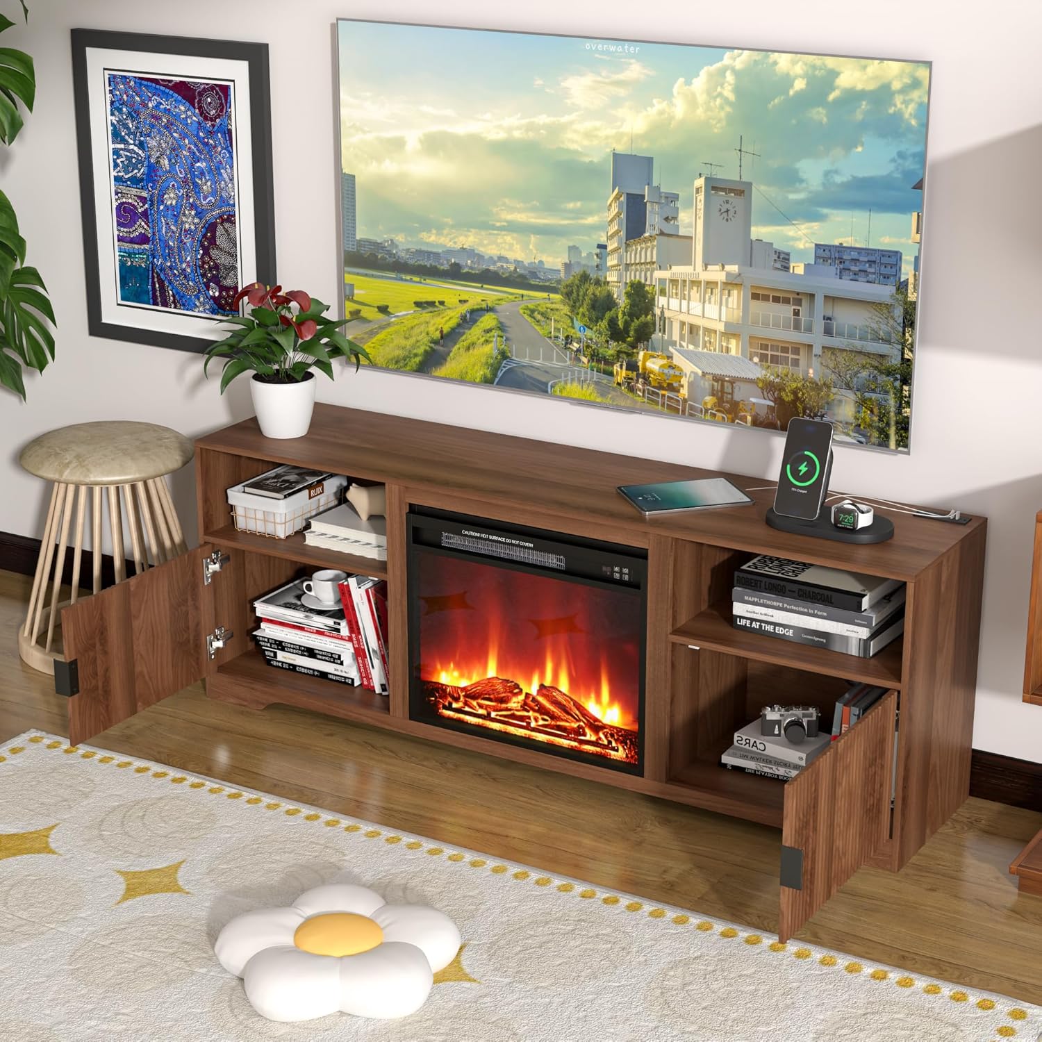 Fireplace TV Stand for Television up to 80 Inch, Entertainment Center with Adjustable Shelf