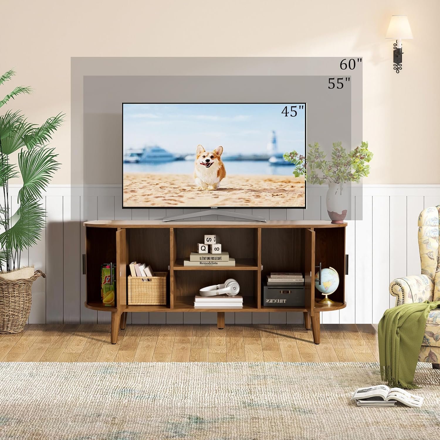 51" Fluted TV Stand, Mid-Century Modern Entertainment Center for TVs up to 60" with Drawers and Fluted Doors