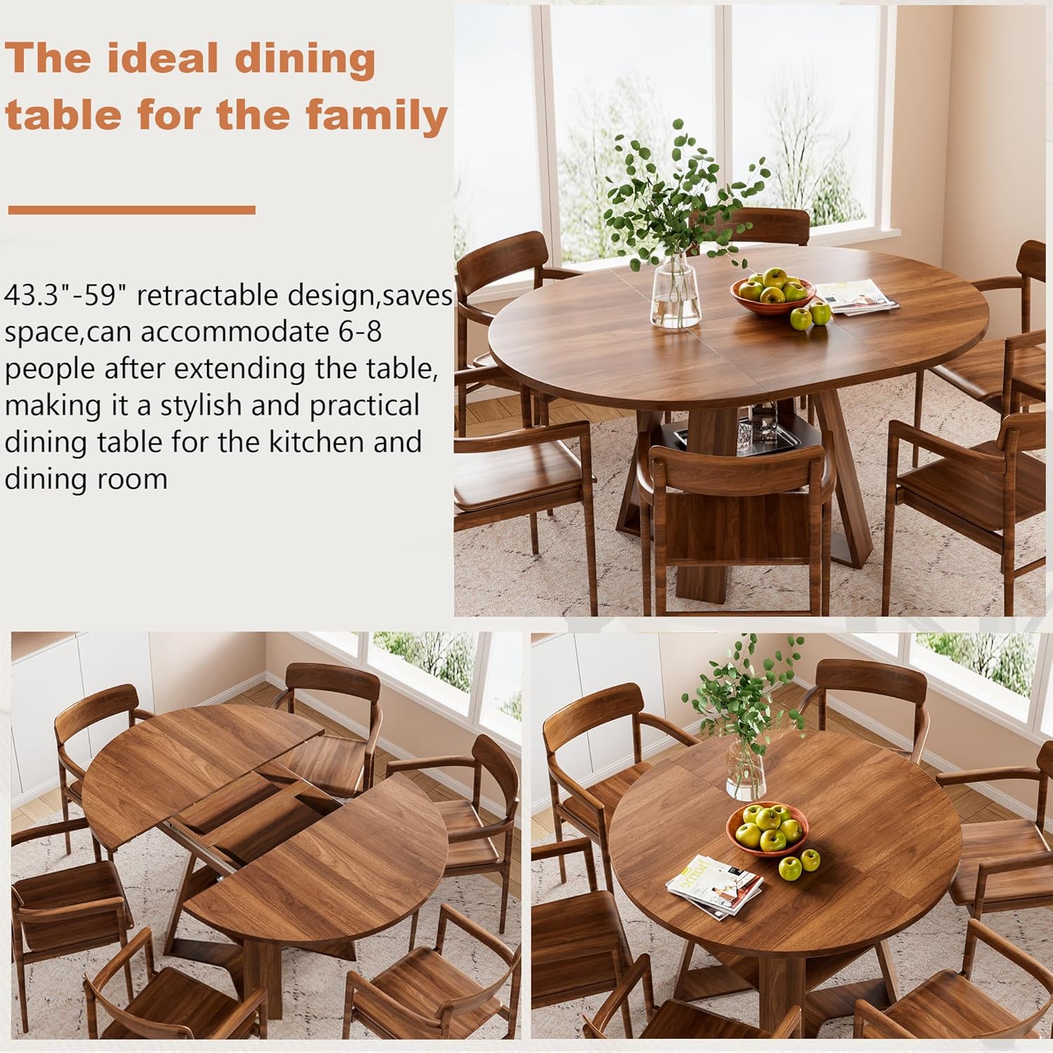 43.3in-59in Extendable Round Dining Table for 4-6,Modern Kitchen Oval Dining Table