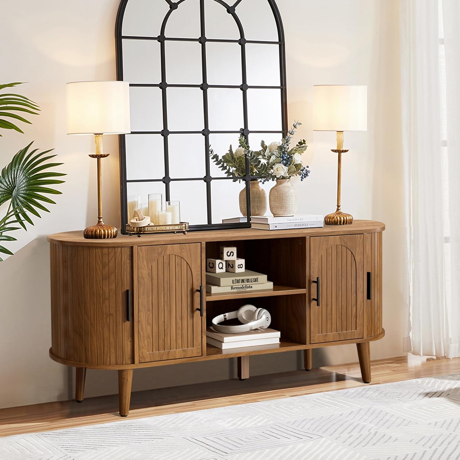 51" Fluted TV Stand, Mid-Century Modern Entertainment Center for TVs up to 60" with Drawers and Fluted Doors