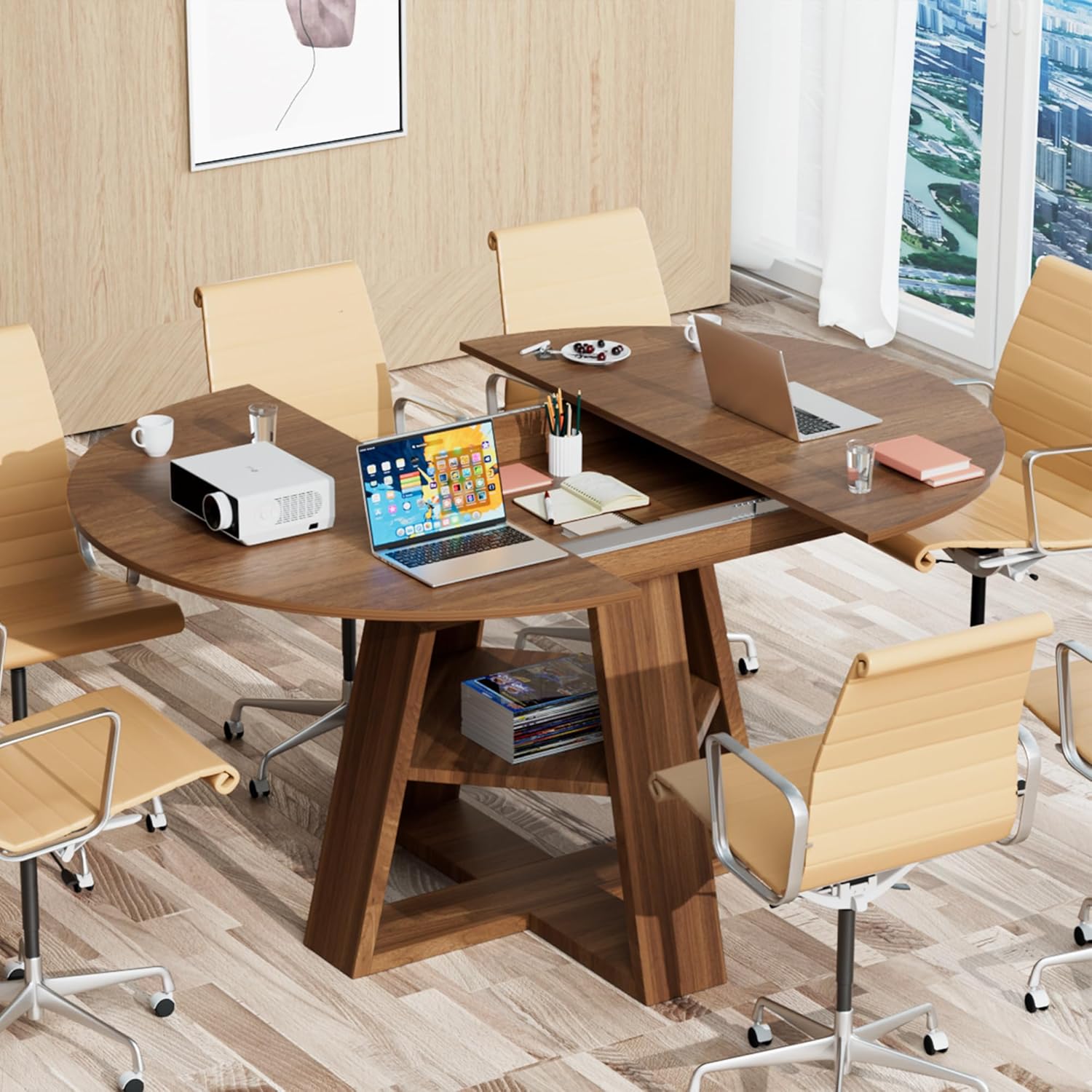 43.3in-59in Extendable Round Conference Table for 4-6 People, Wooden Oval Meeting Room Table with Removable Leaves