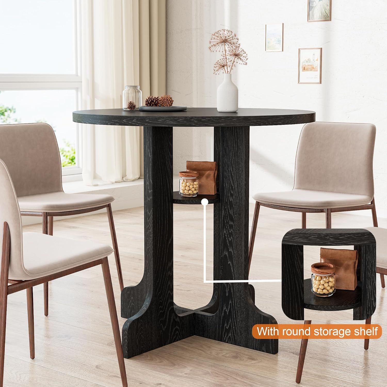 31.5 Inch Round Dining Table, Modern Small Kitchen Table for 2-4, Wooden Dining Room Table Base with Storage Shelf