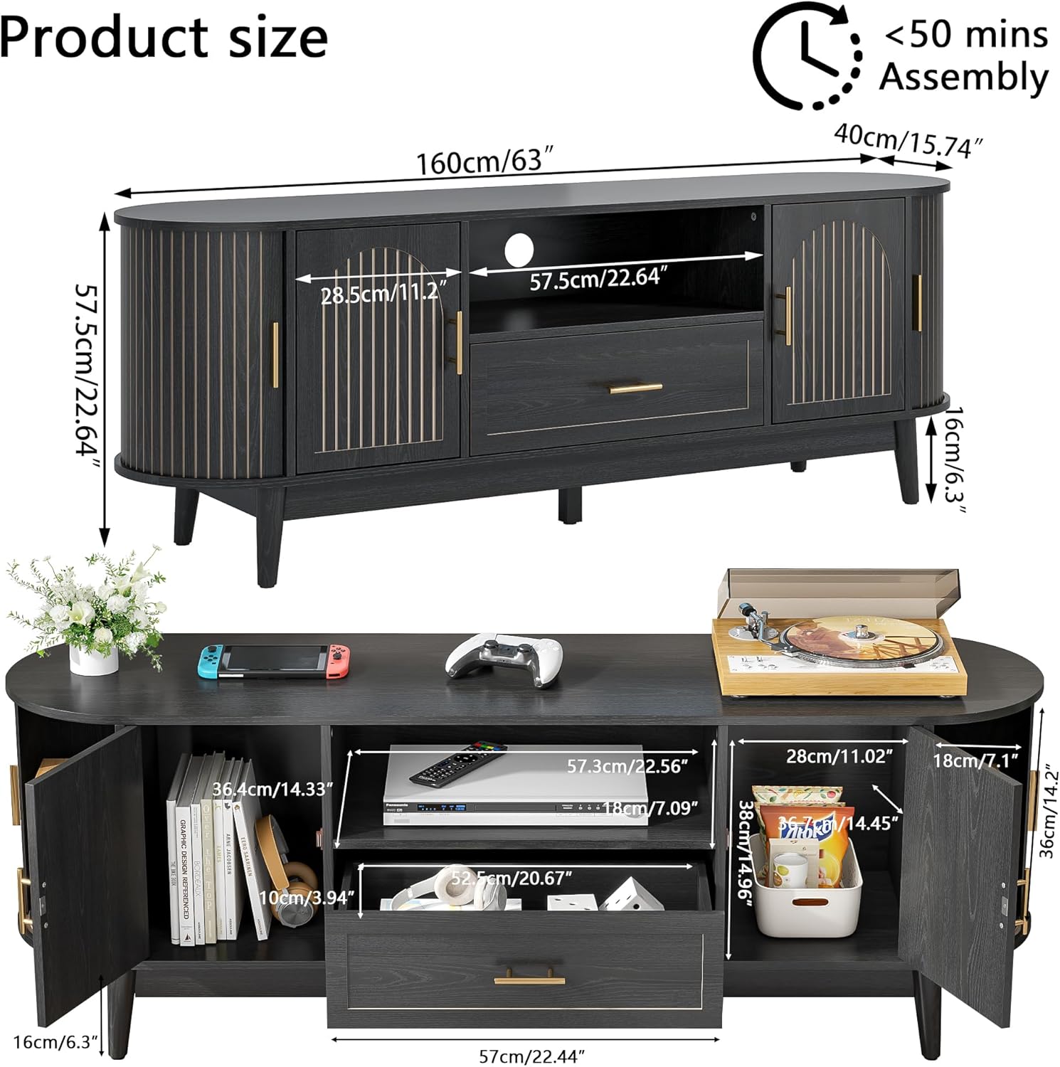 63" Fluted TV Stand for Tvs up to 70", Mid-Century Modern Entertainment Center with Drawers and Fluted Doors