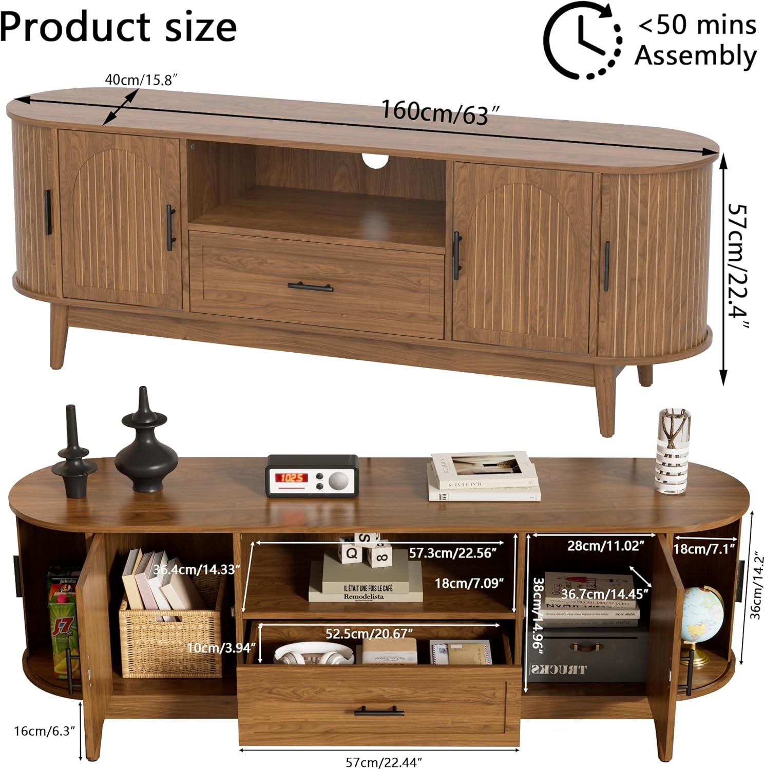 63" Fluted TV Stand for TVs up to 70", Mid-Century Modern Entertainment Center with Drawers and Fluted Doors