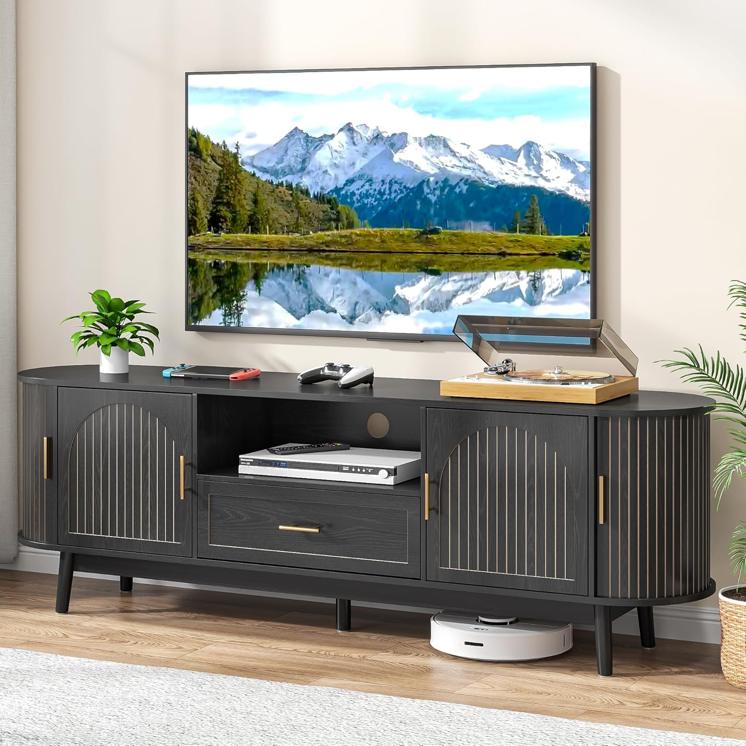 70" Fluted TV Stand for Tvs up to 80", Mid-Century Modern Entertainment Center with Drawers and Fluted Doors