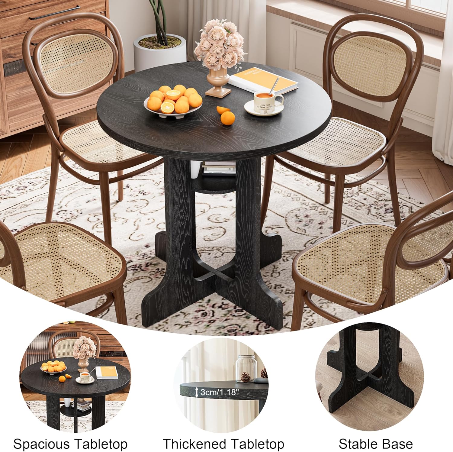 31.5 Inch Round Dining Table, Modern Small Kitchen Table for 2-4, Wooden Dining Room Table Base with Storage Shelf