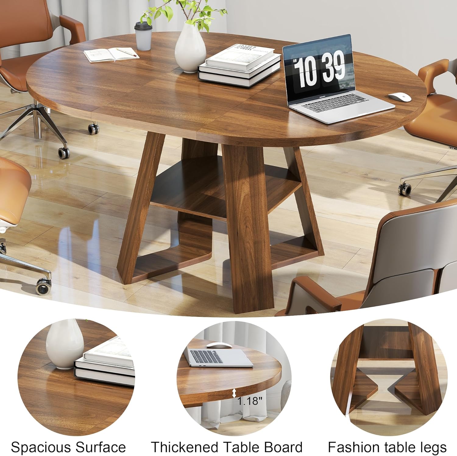 Round Conference Table for 4-6 People,43.3in-59in Extendable Wooden Oval Meeting Room Table with Removable Leaves