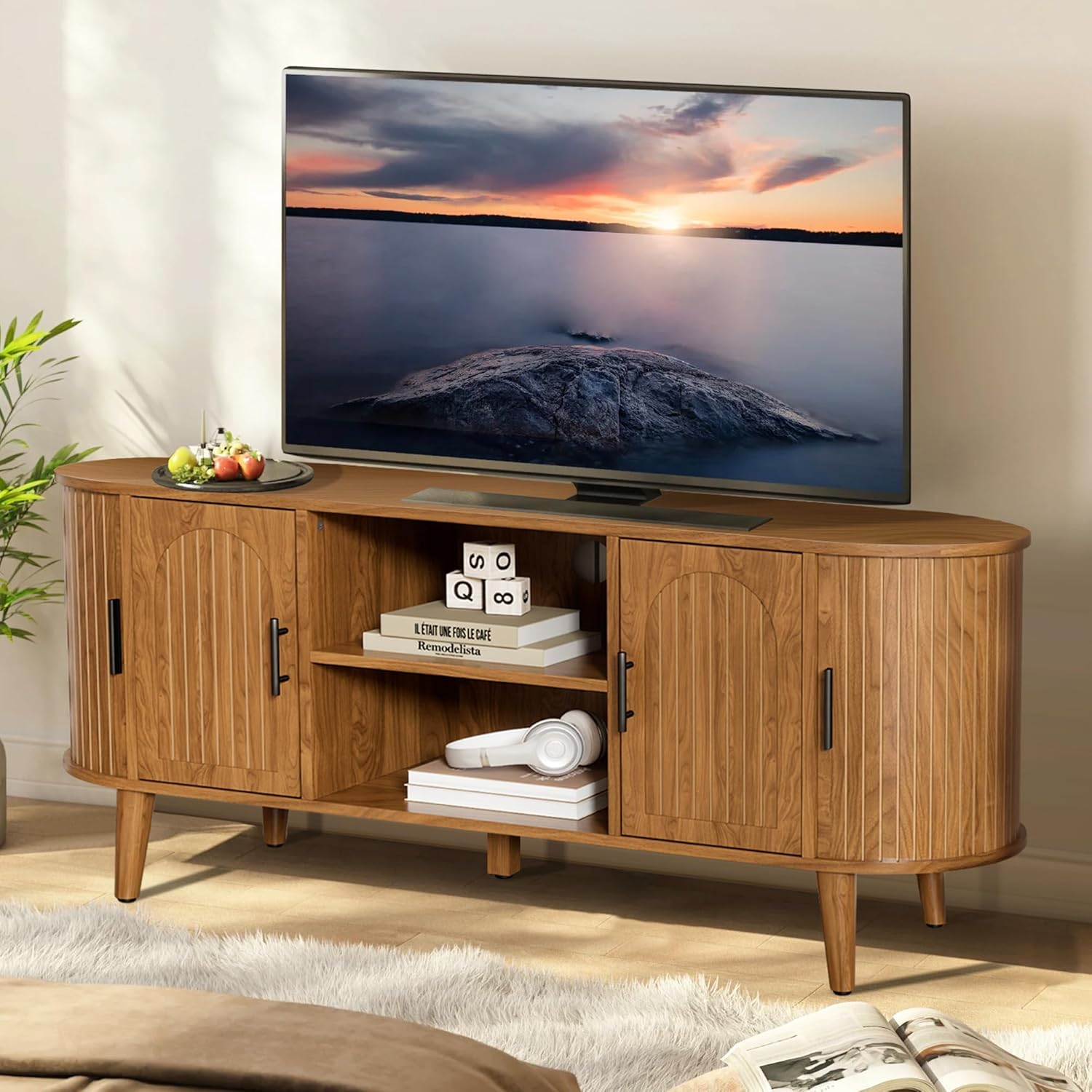51" Fluted TV Stand, Mid-Century Modern Entertainment Center for TVs up to 60" with Drawers and Fluted Doors