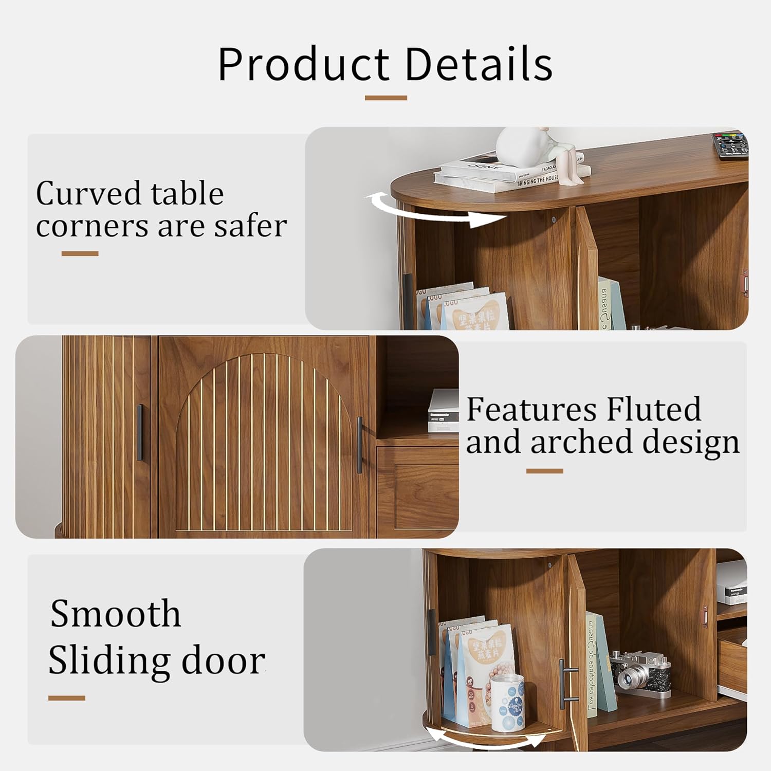 70" Fluted TV Stand for Tvs up to 80", Mid-Century Modern Entertainment Center with Drawers and Fluted Doors