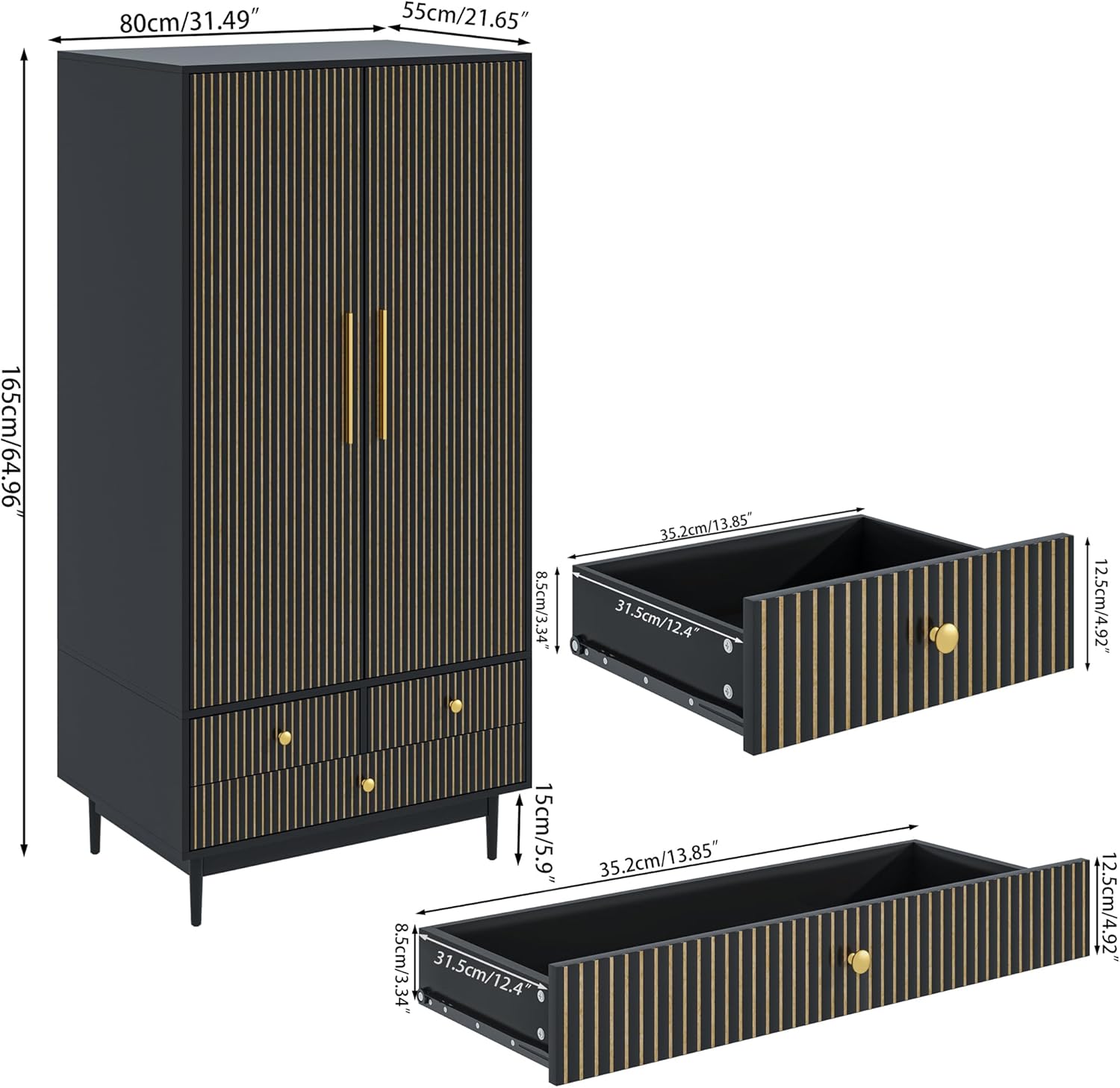 Armoire Wardrobe Closet with 2 Fluted Doors, 64.96" Wooden Clothes Storage Cabinet with Hanging Rod and Shelf Storage