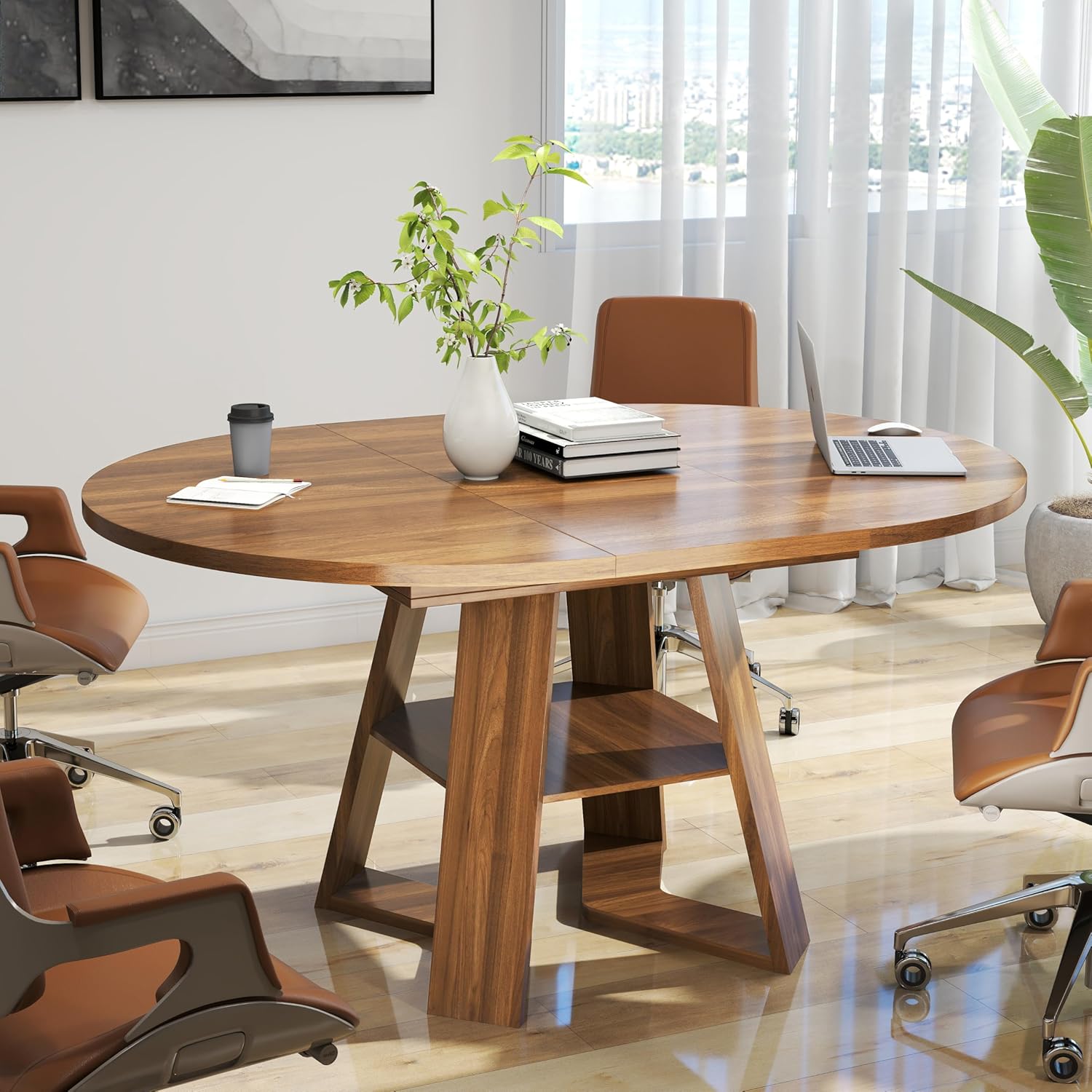 Round Conference Table for 4-6 People,43.3in-59in Extendable Wooden Oval Meeting Room Table with Removable Leaves