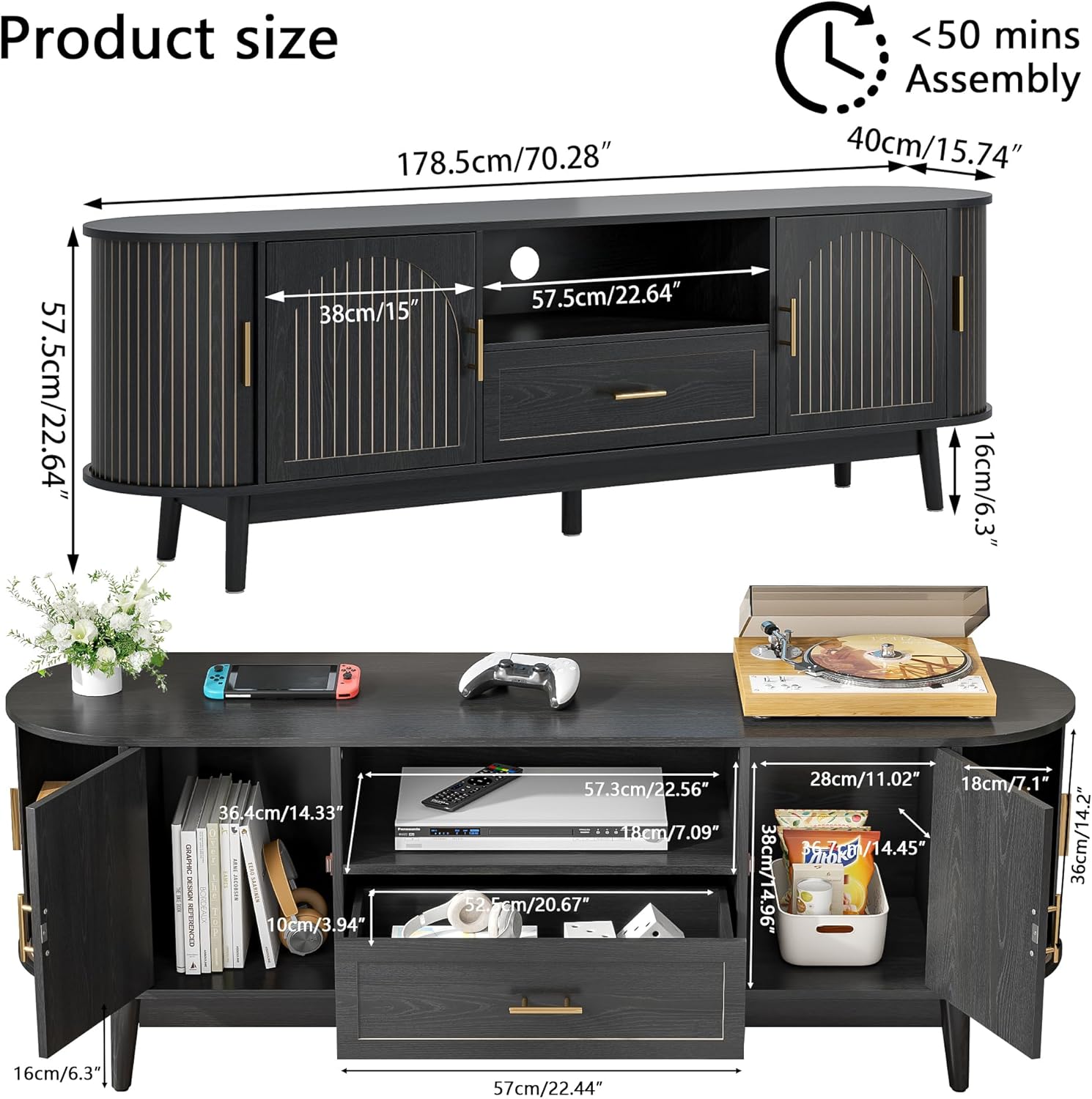 70" Fluted TV Stand for Tvs up to 80", Mid-Century Modern Entertainment Center with Drawers and Fluted Doors