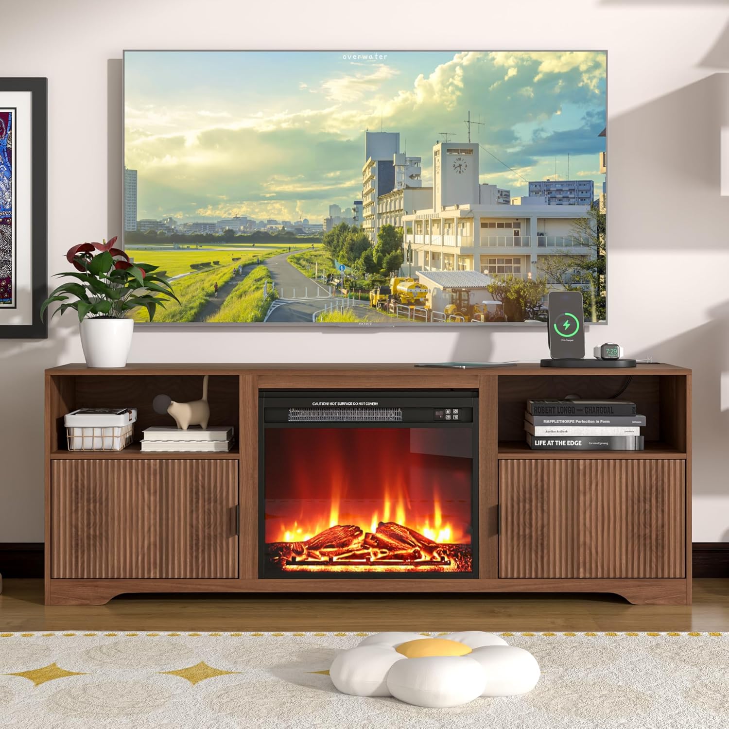 Fireplace TV Stand for Television up to 80 Inch, Entertainment Center with Adjustable Shelf