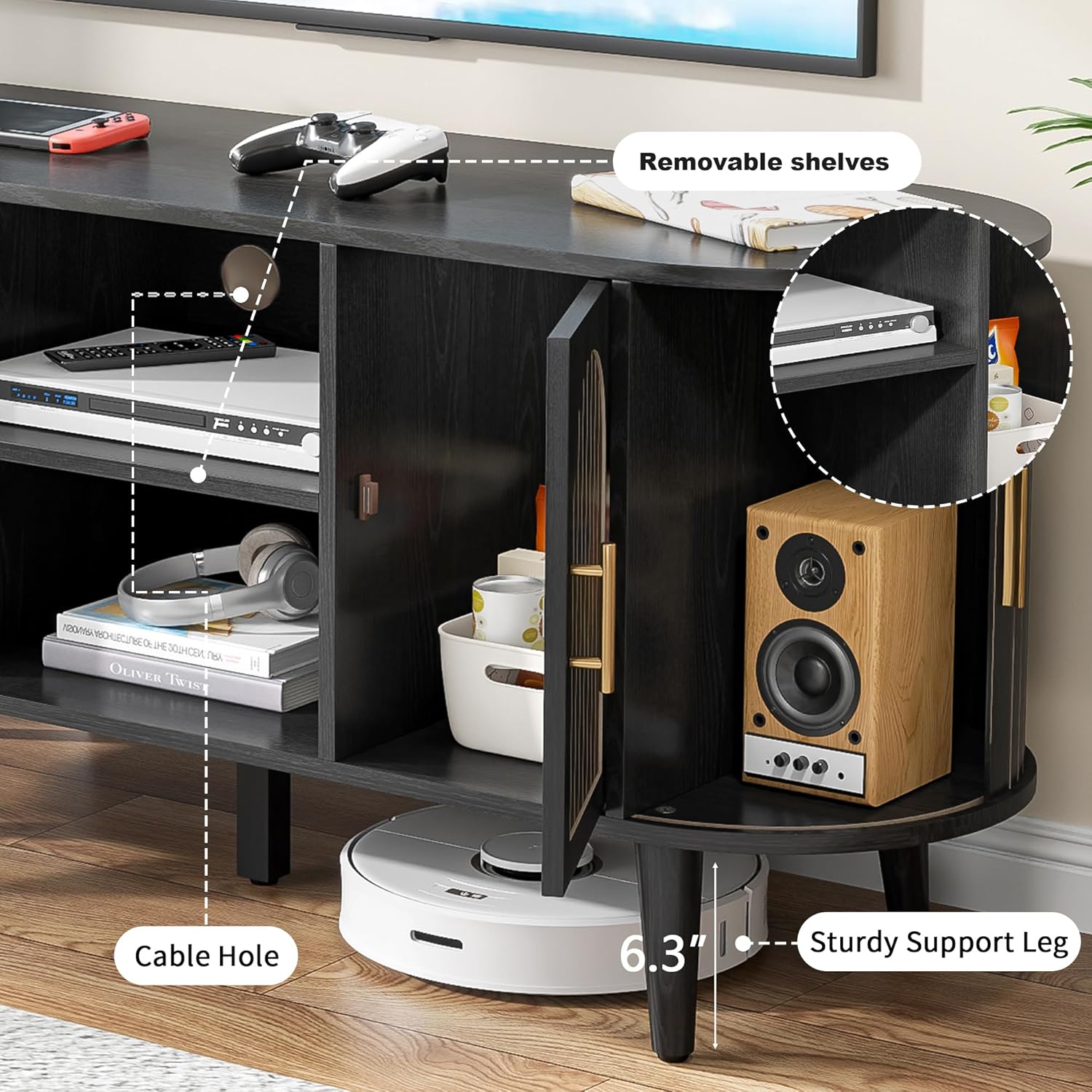 51" Fluted TV Stand, Mid-Century Modern Entertainment Center for Tvs up to 60" with Drawers and Fluted Doors