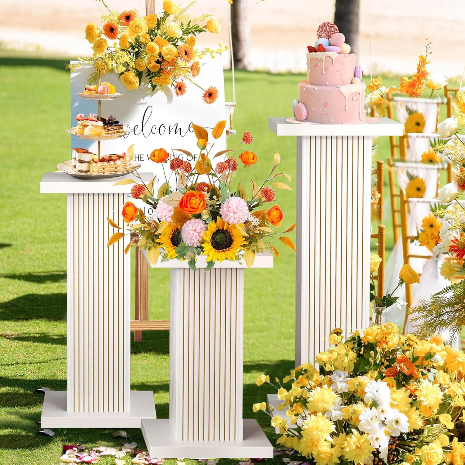 3PCS Square Pedestal Stand for Party, White Wood Display Pedestal Stands for Parties