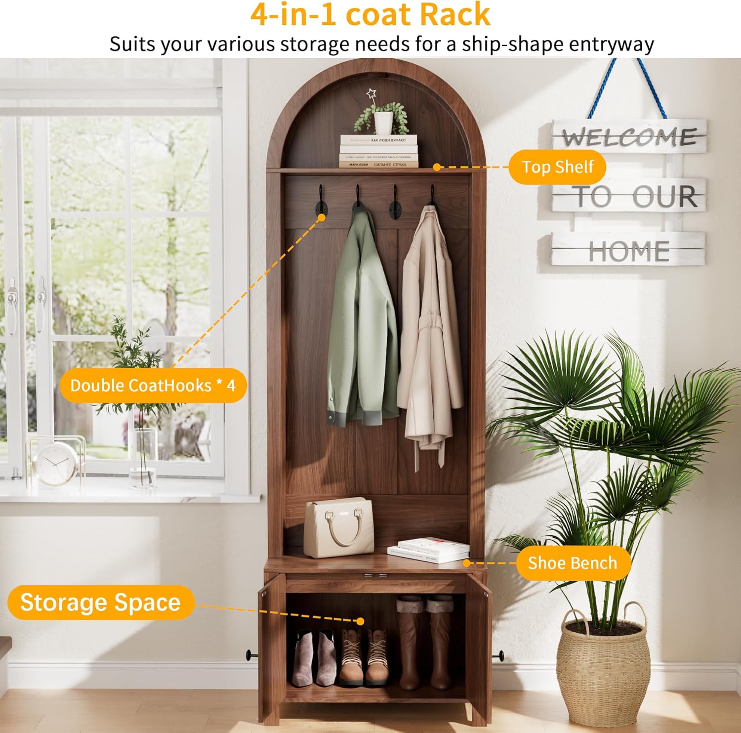 Hall Tree with Bench and Shoe Storage, Entryway Storage Bench with Coat Rack